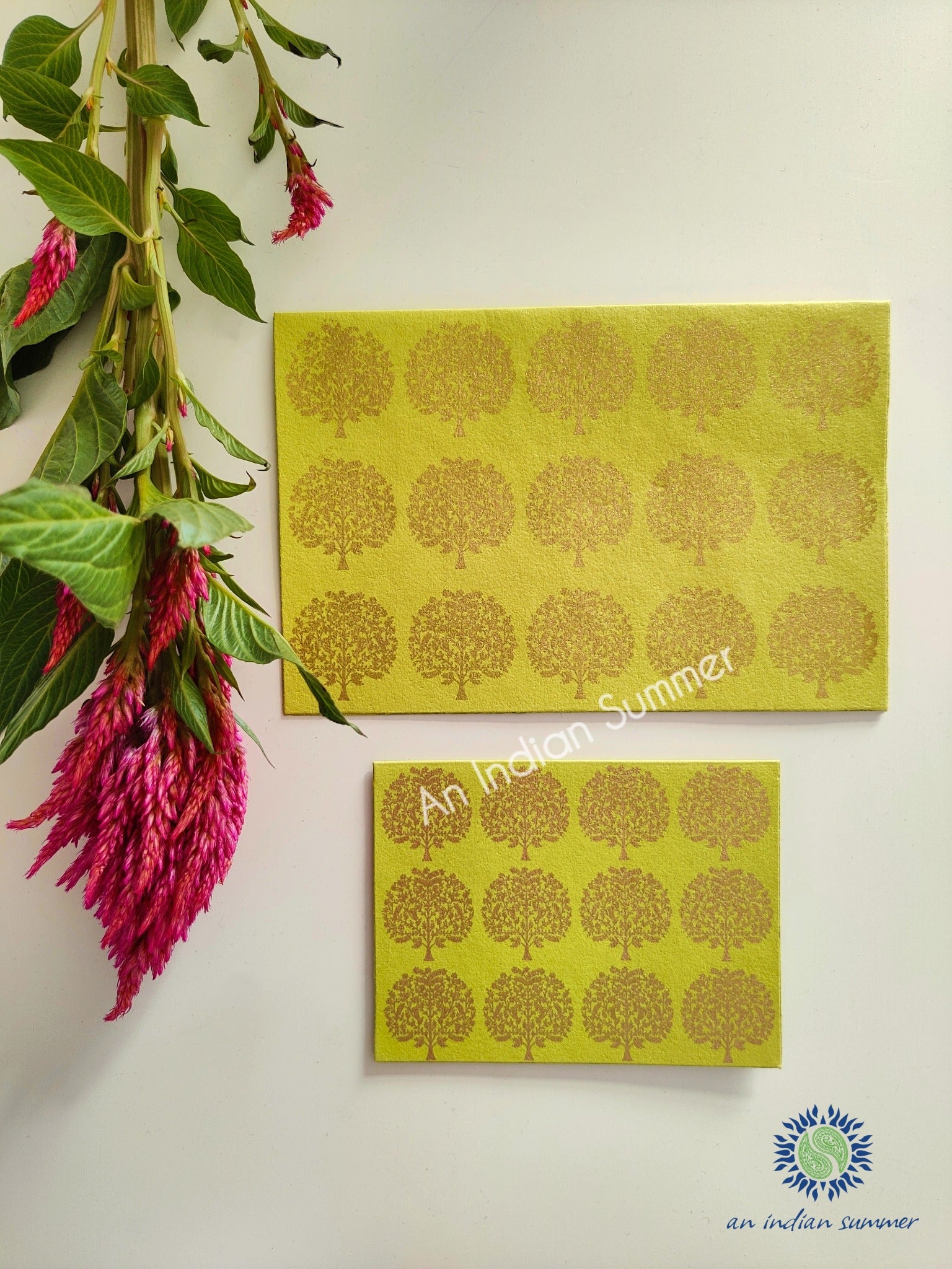 Chartreuse Lime - Set of 5 Gold Tree Motif Hand Block Printed Cards - An Indian Summer