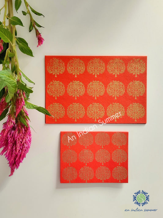 Narangi Orange - Set of 5 Gold Tree Motif Hand Block Printed Cards - An Indian Summer