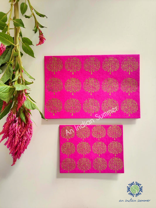 Rani Pink - Set of 5 Gold Tree Motif Hand Block Printed Cards - An Indian Summer