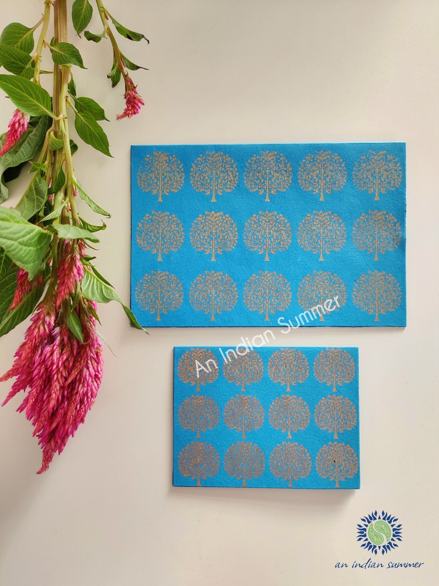 Firoza Turquoise - Set of 5 Gold Tree Motif Hand Block Printed Cards - An Indian Summer