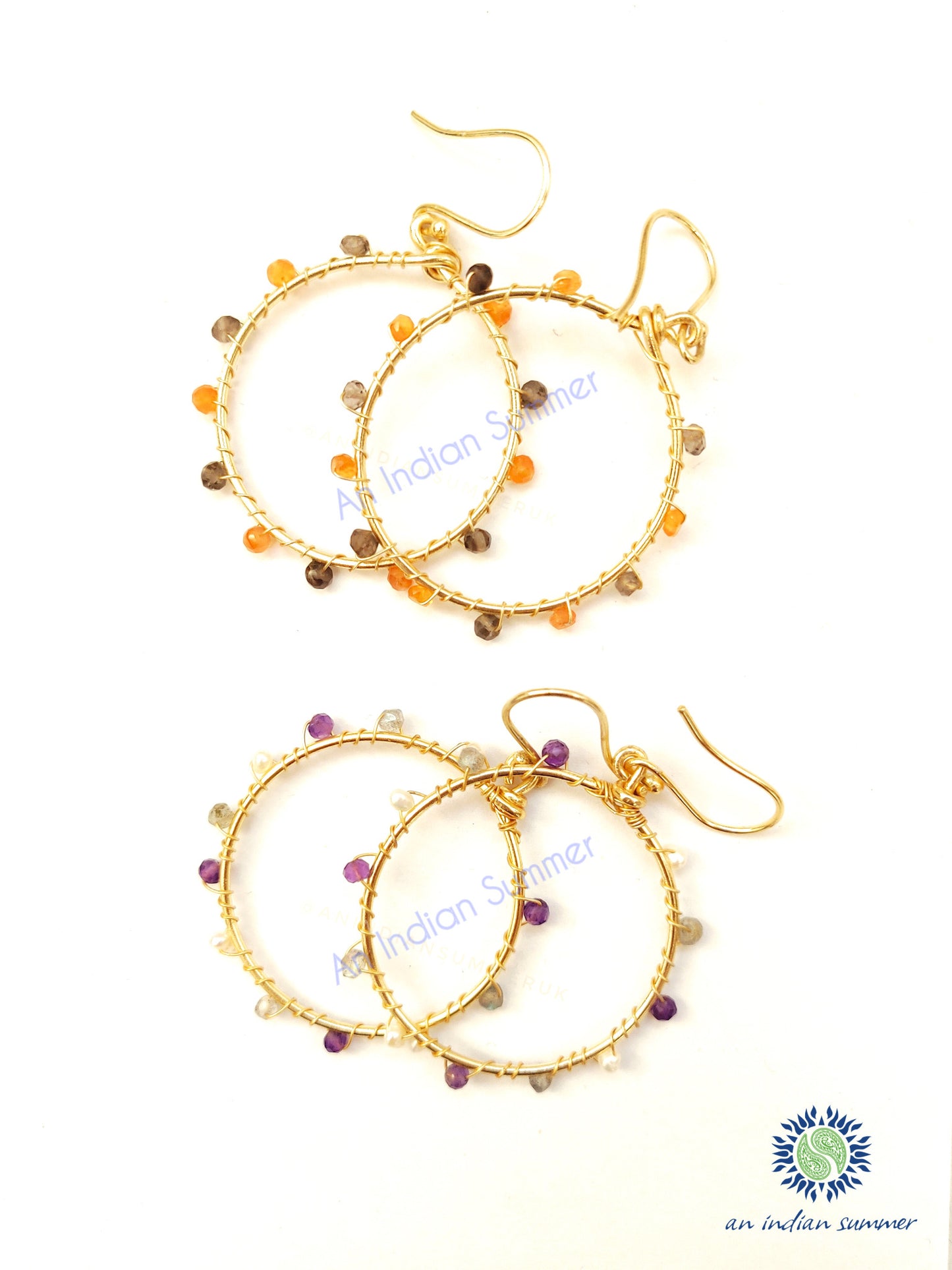  Gem Hoops Earrings | Carnelian Labradorite Amethyst Fresh Water Pearls | 24 Carat Gold Plated | Semi Precious Jewellery | An Indian Summer | Seasonless Timeless Sustainable Ethical Authentic Artisan Conscious Clothing Lifestyle Brand