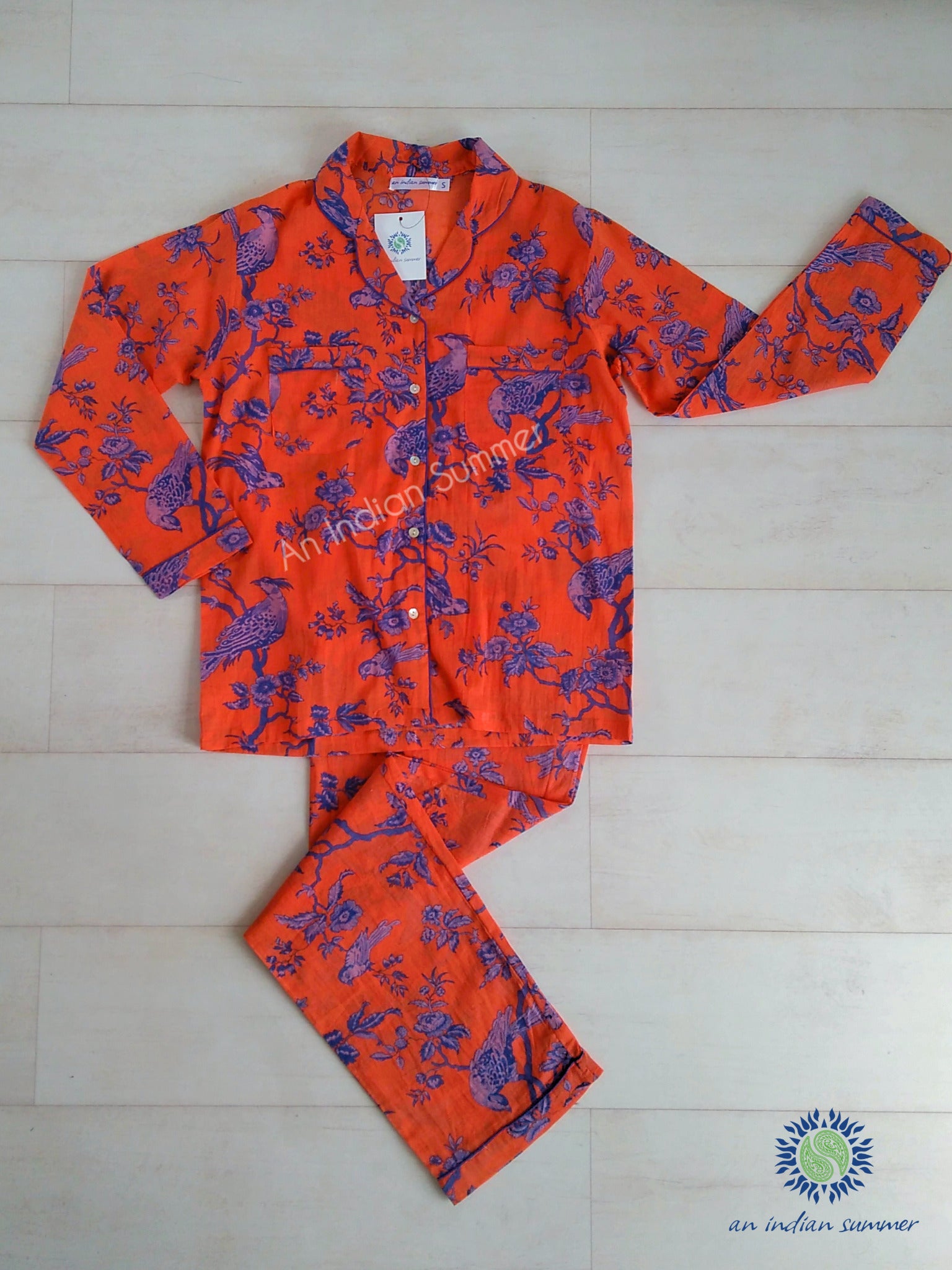 Jacobean Print Pyjama Set | Orange & Blue | Cotton Voile | An Indian Summer | Seasonless Timeless Sustainable Ethical Authentic Artisan Conscious Clothing Lifestyle Brand