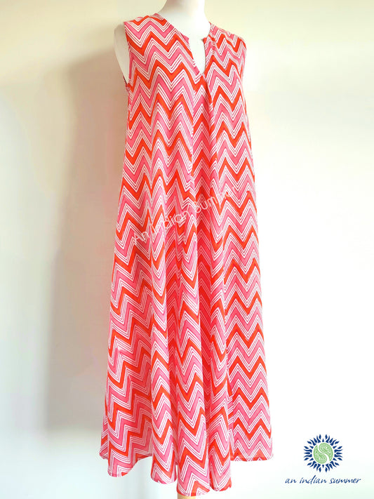 Sleeveless Midi Dress Kanebo | Pink & Orange | Zig Zag Chevron Block Print | Hand Block Printed | Cotton Voile | An Indian Summer | Seasonless Timeless Sustainable Ethical Authentic Artisan Conscious Clothing Lifestyle Brand
