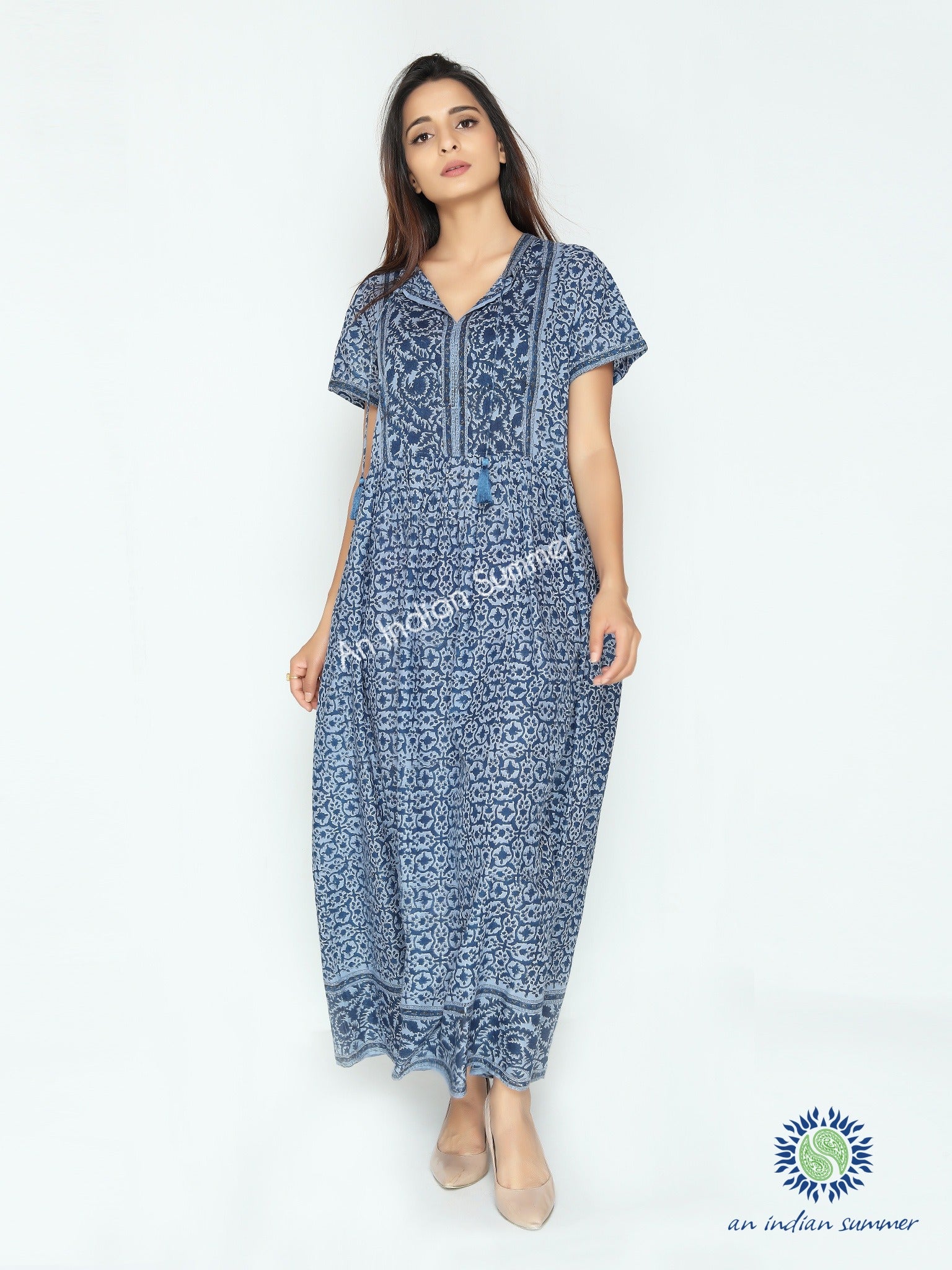 Lilia Dress | Blue | Floral Print | Block Print Dress | Cotton Voile | An Indian Summer | Seasonless Timeless Sustainable Ethical Authentic Artisan Conscious Clothing Lifestyle Brand