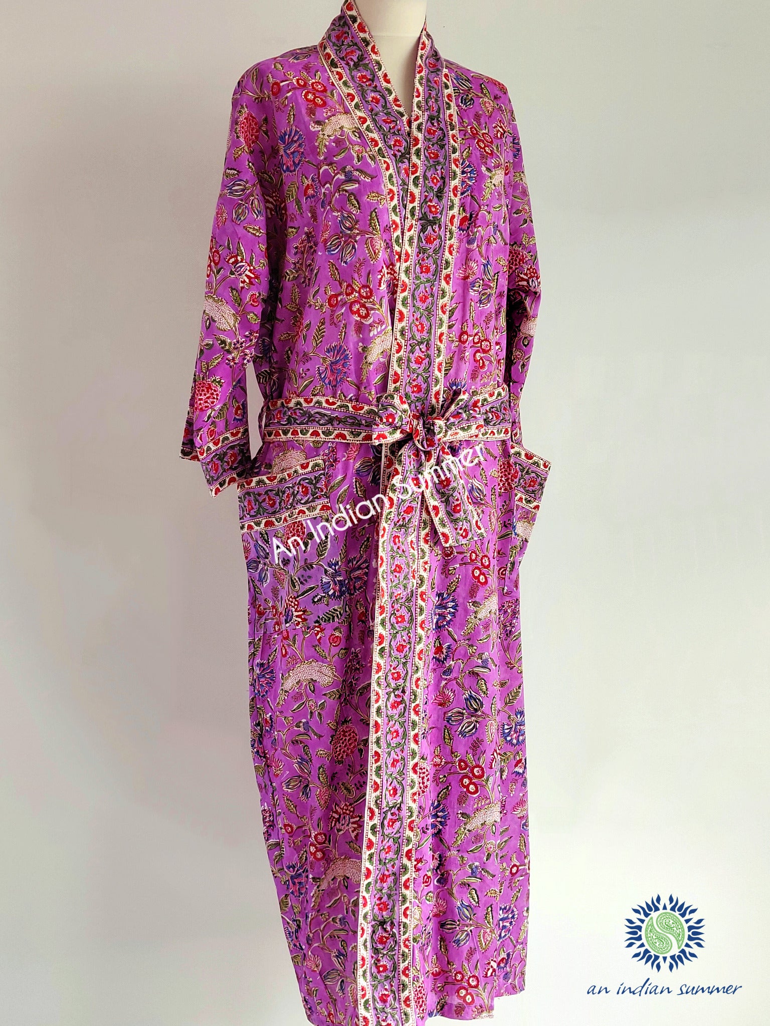 Long Kimono Robe | Jardin | Purple Multicoloured | Floral Block Print | Hand Block Printed | Cotton Voile | An Indian Summer | Seasonless Timeless Sustainable Ethical Authentic Artisan Conscious Clothing Lifestyle Brand
