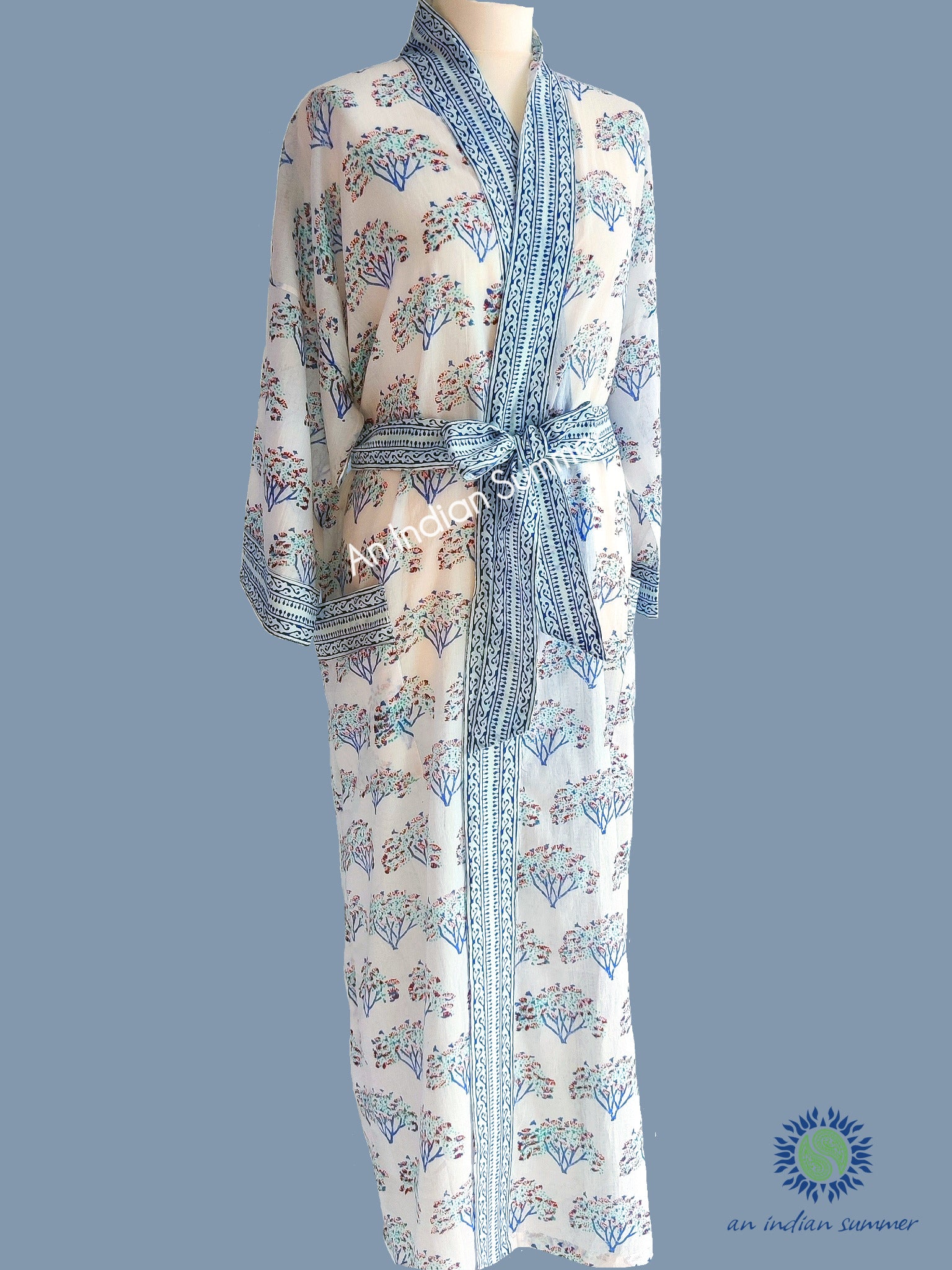 Long Kimono Robe | Bonsai Tree | Tree Block Print | Hand Block Printed | Cotton Voile | An Indian Summer | Seasonless Timeless Sustainable Ethical Authentic Artisan Conscious Clothing Lifestyle Brand