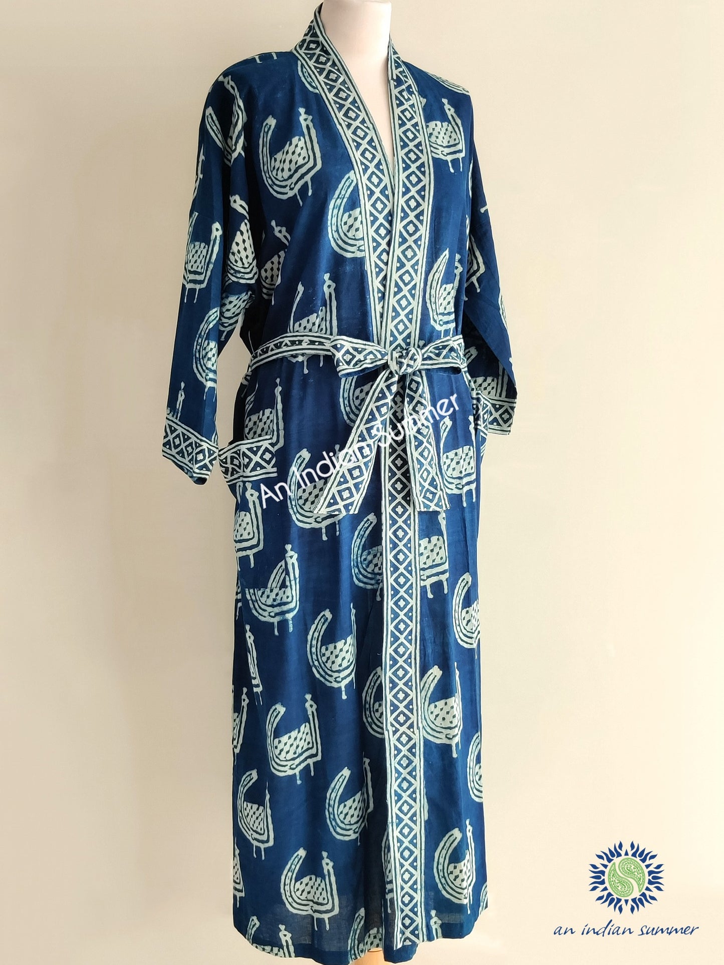 Long Kimono Robe | Natural Indigo Dyed Plant Dye | Peacock Design Abstract Block Print | Hand Block Printed | Cotton Voile | An Indian Summer | Seasonless Timeless Sustainable Ethical Authentic Artisan Conscious Clothing Lifestyle Brand