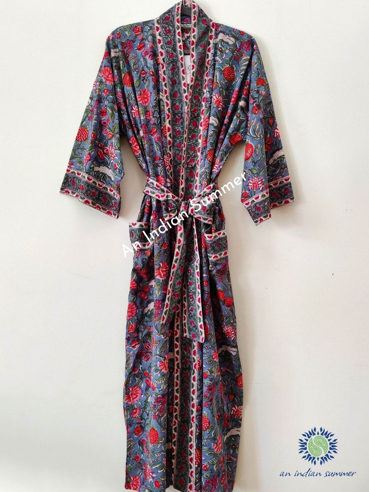 Long Kimono Robe | Jardin | Grey Multicoloured | Floral Block Print | Hand Block Printed | Cotton Voile | An Indian Summer | Seasonless Timeless Sustainable Ethical Authentic Artisan Conscious Clothing Lifestyle Brand