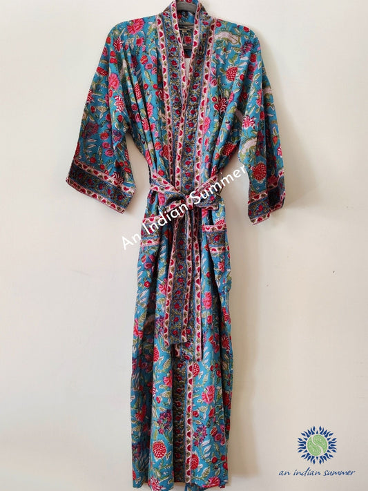 Long Kimono Robe | Jardin | Teal Multicoloured | Floral Block Print | Hand Block Printed | Cotton Voile | An Indian Summer | Seasonless Timeless Sustainable Ethical Authentic Artisan Conscious Clothing Lifestyle Brand