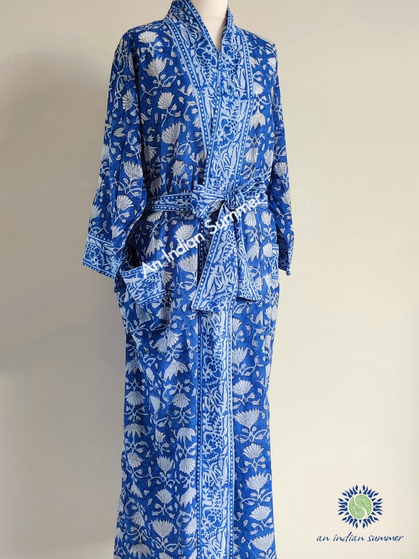 Long Kimono Robe | Lotus | Blue | Floral Block Print | Hand Block Printed | Cotton Voile | An Indian Summer | Seasonless Timeless Sustainable Ethical Authentic Artisan Conscious Clothing Lifestyle Brand