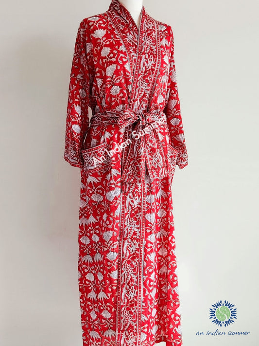 Long Kimono Robe | Lotus | Red | Floral Block Print | Hand Block Printed | Cotton Voile | An Indian Summer | Seasonless Timeless Sustainable Ethical Authentic Artisan Conscious Clothing Lifestyle Brand