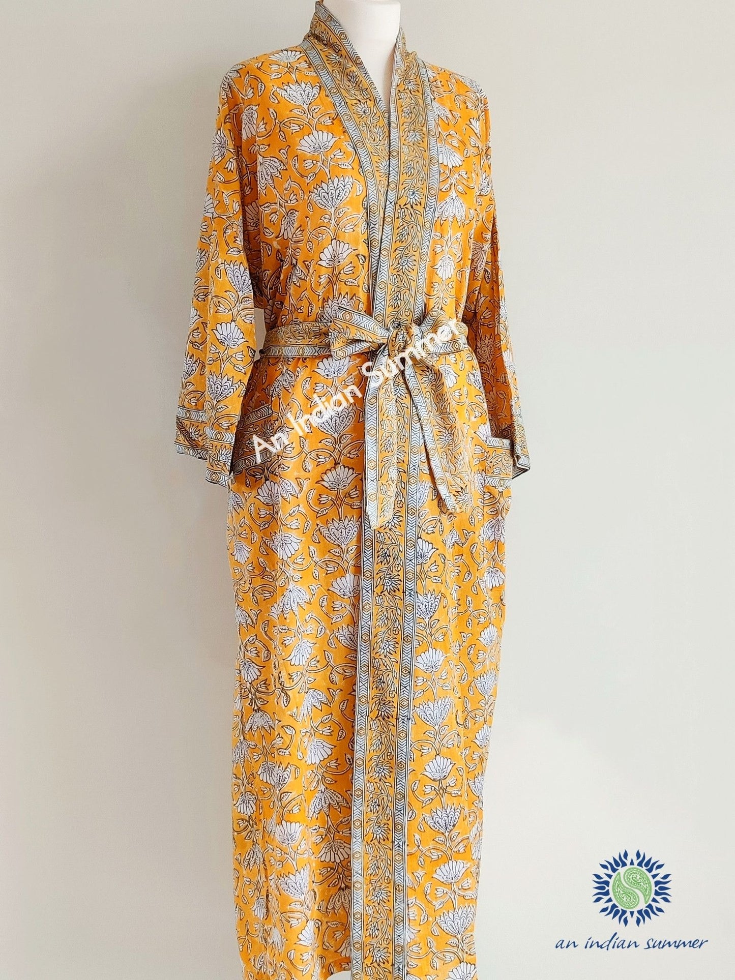 Long Kimono Robe | Lotus | Yellow | Floral Block Print | Hand Block Printed | Cotton Voile | An Indian Summer | Seasonless Timeless Sustainable Ethical Authentic Artisan Conscious Clothing Lifestyle Brand