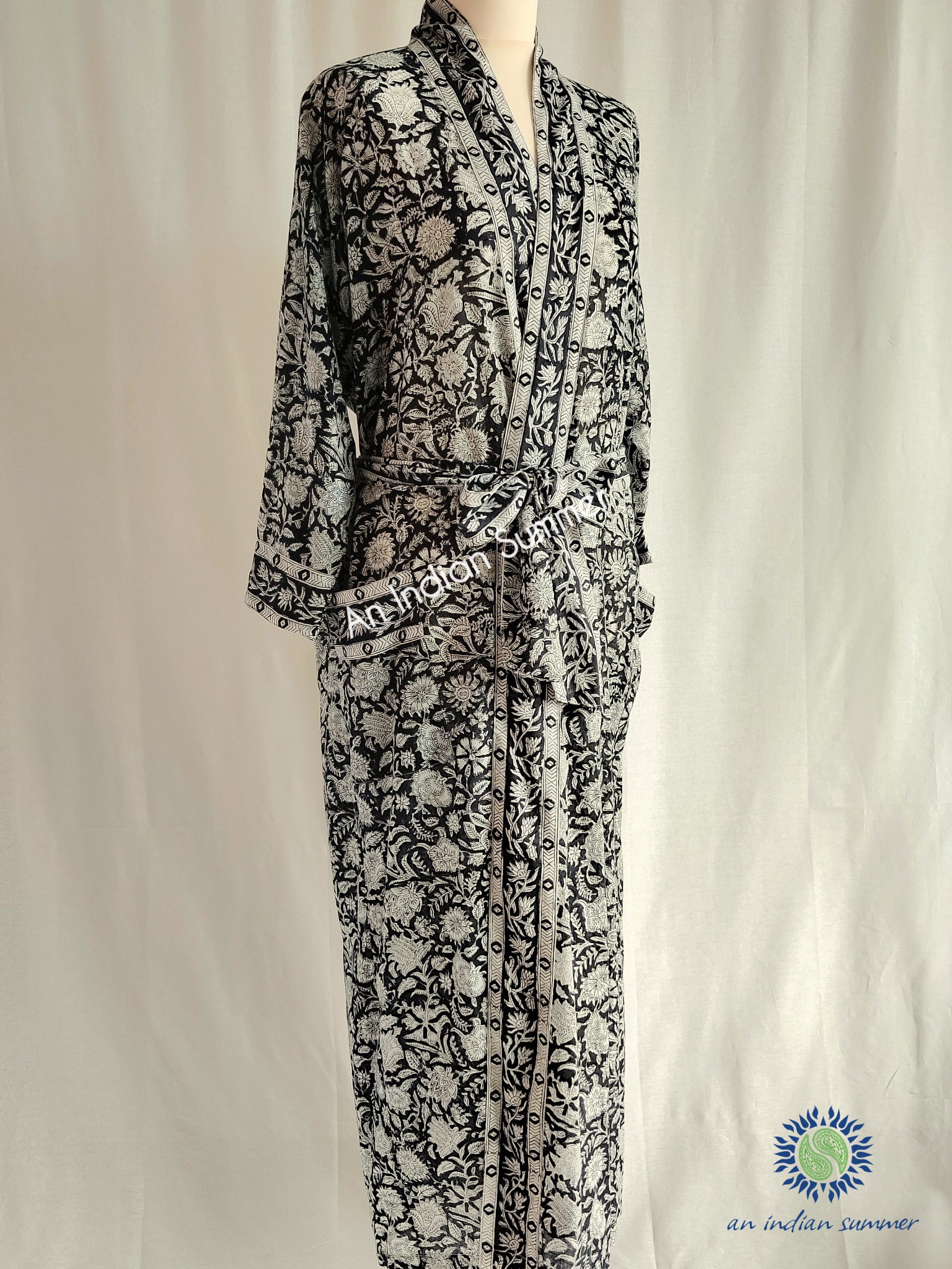 Long Kimono Robe | Meadow | Black & White | Floral Block Print | Hand Block Printed | Cotton Voile | An Indian Summer | Seasonless Timeless Sustainable Ethical Authentic Artisan Conscious Clothing Lifestyle Brand