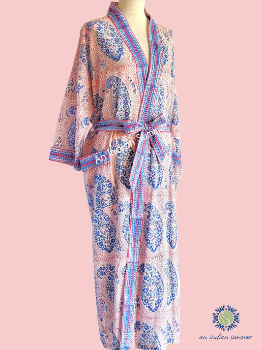 Long Kimono Robe | Paisley | Red Blue | Paisley Block Print | Hand Block Printed | Cotton Voile | An Indian Summer | Seasonless Timeless Sustainable Ethical Authentic Artisan Conscious Clothing Lifestyle Brand