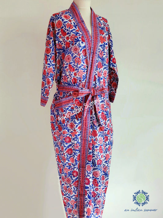 Long Kimono Robe | Spice | Red Blue | Floral Block Print | Hand Block Printed | Cotton Voile | An Indian Summer | Seasonless Timeless Sustainable Ethical Authentic Artisan Conscious Clothing Lifestyle Brand