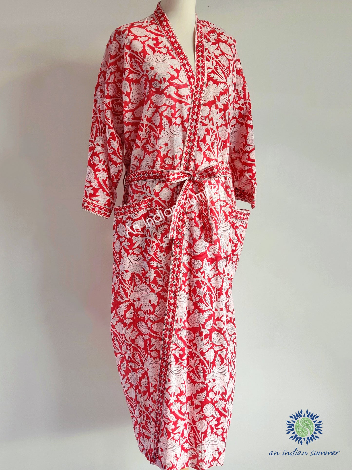 Long Kimono Robe | Thistle | Red | Botanical Block Print | Hand Block Printed | Cotton Voile | An Indian Summer | Seasonless Timeless Sustainable Ethical Authentic Artisan Conscious Clothing Lifestyle Brand