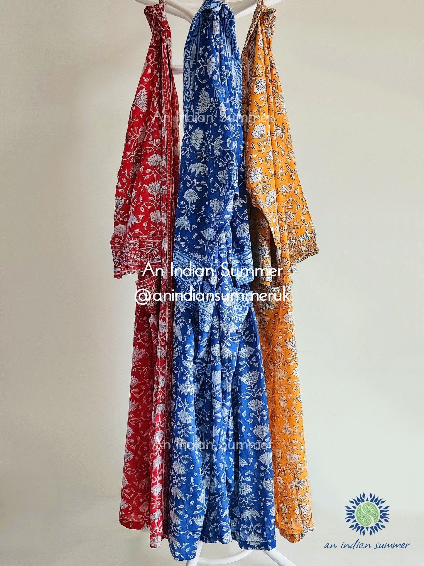 Long Kimono Robe | Lotus | Red Blue Yellow | Floral Block Print | Hand Block Printed | Cotton Voile | An Indian Summer | Seasonless Timeless Sustainable Ethical Authentic Artisan Conscious Clothing Lifestyle Brand