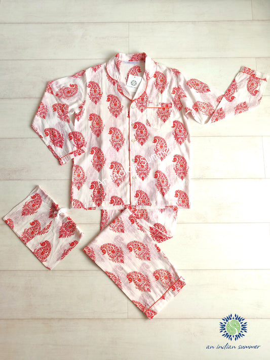 Long Pyjama Set Paisley | Red and Orange with Coral Contrast Details | Hand Block Printed Cotton Voile | An Indian Summer | Authentic Timeless Sustainable Ethical Artisan Conscious Responsible Clothing