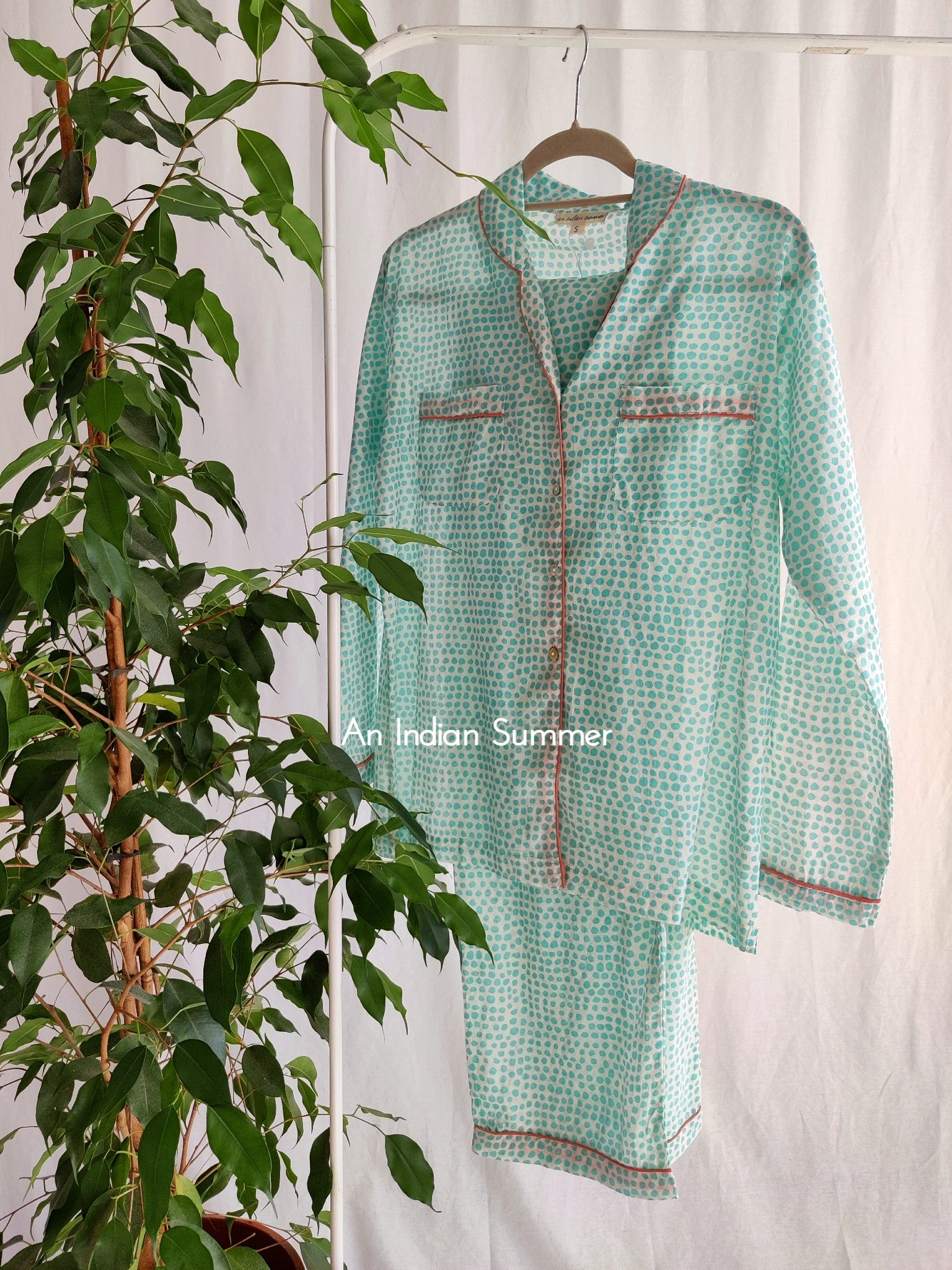 Long Pyjama Set Pebbles | Turquoise with Coral Contrast Details | Hand Block Printed Cotton Voile | An Indian Summer | Authentic Timeless Seasonless Sustainable Ethical Artisan Conscious Responsible Clothing
