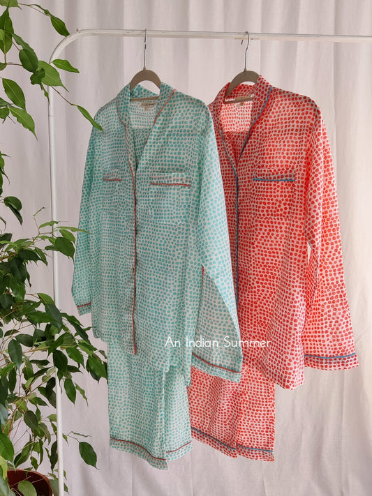 Long Pyjama Set Pebbles | Turquoise & Coral Contrast Details | Hand Block Printed Cotton Voile | An Indian Summer | Authentic Timeless Seasonless Sustainable Ethical Artisan Conscious Responsible Clothing