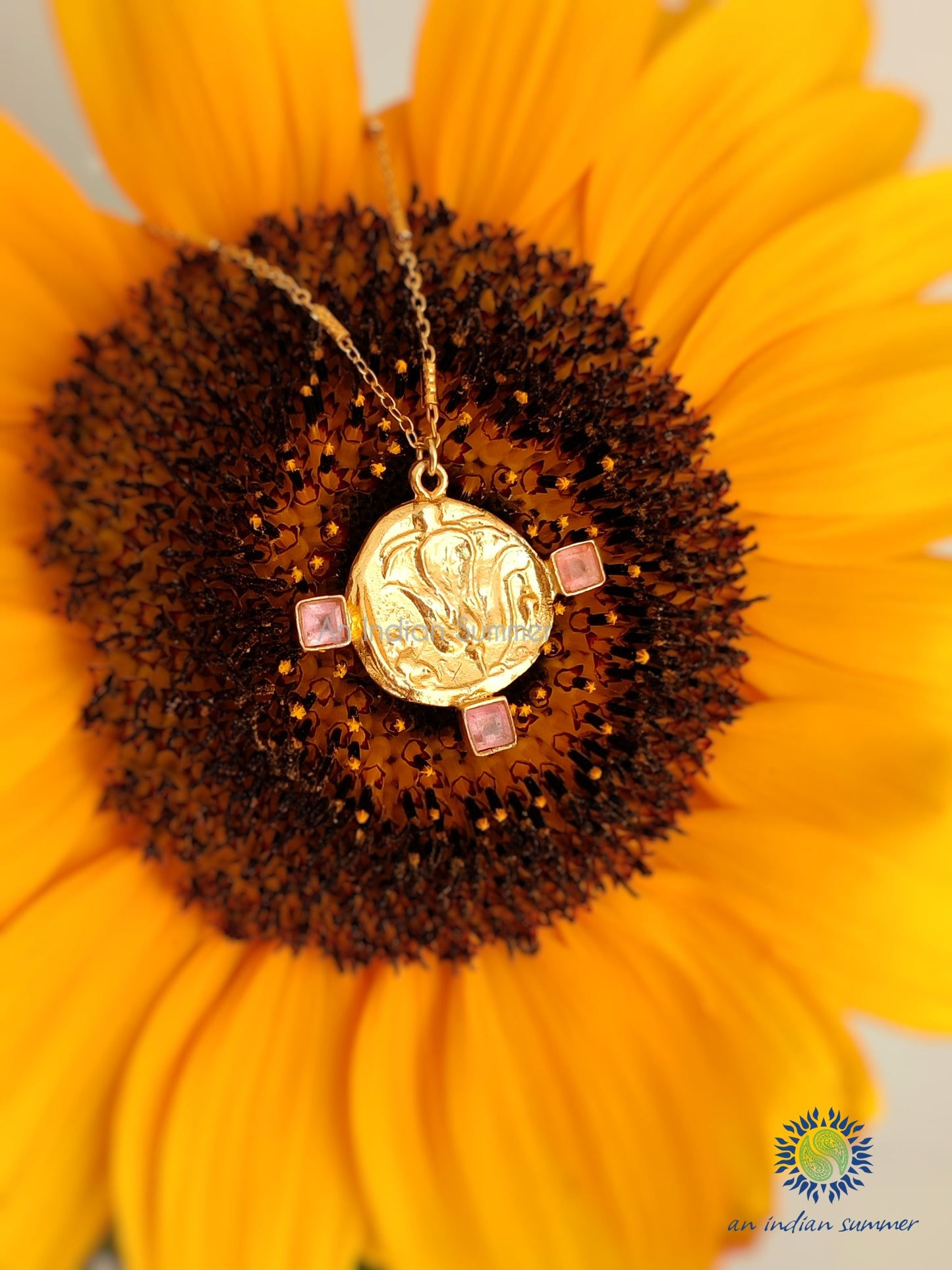 Talisman Medal Necklace - Lotus | Pink Jade | 22 Carat Gold Plated Semi Precious Stones | An Indian Summer | Seasonless Timeless Sustainable Ethical Authentic Artisan Conscious Clothing Lifestyle Brand