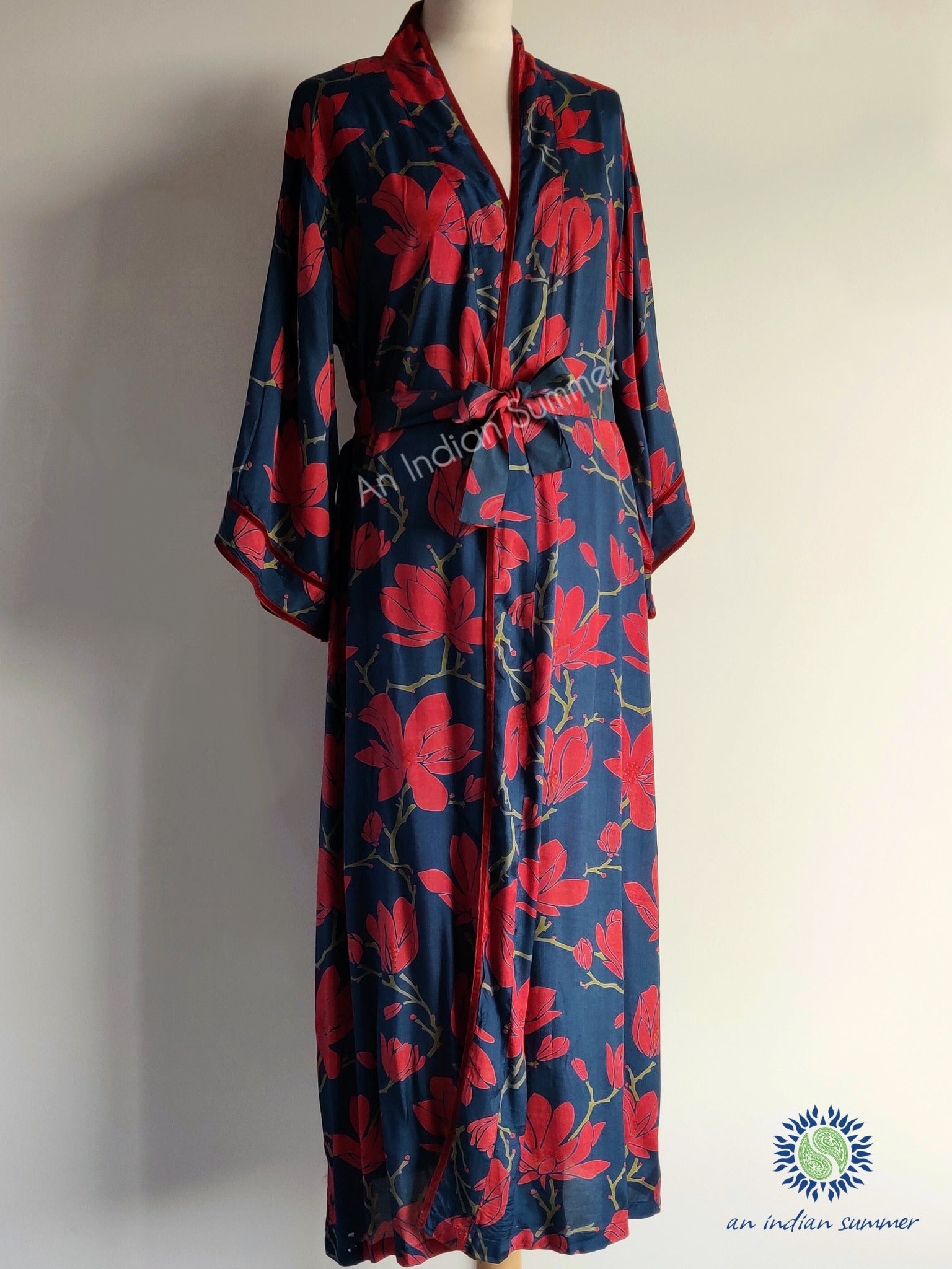 Magnolia Kimono Robe Wrap Dress | Teal and Red | Modal Velvet |An Indian Summer | Seasonless Timeless Sustainable Ethical Authentic Artisan Conscious Clothing Lifestyle Brand