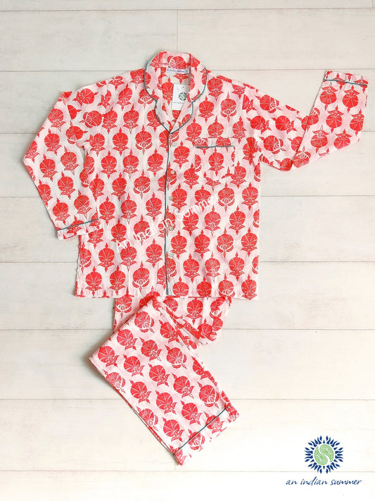 Long Pyjama Set Ottoman Flower | Coral with Turquoise Contrast Details | Hand Block Printed Cotton Voile | An Indian Summer | Authentic Timeless Seasonless Sustainable Ethical Artisan Conscious Responsible Clothing