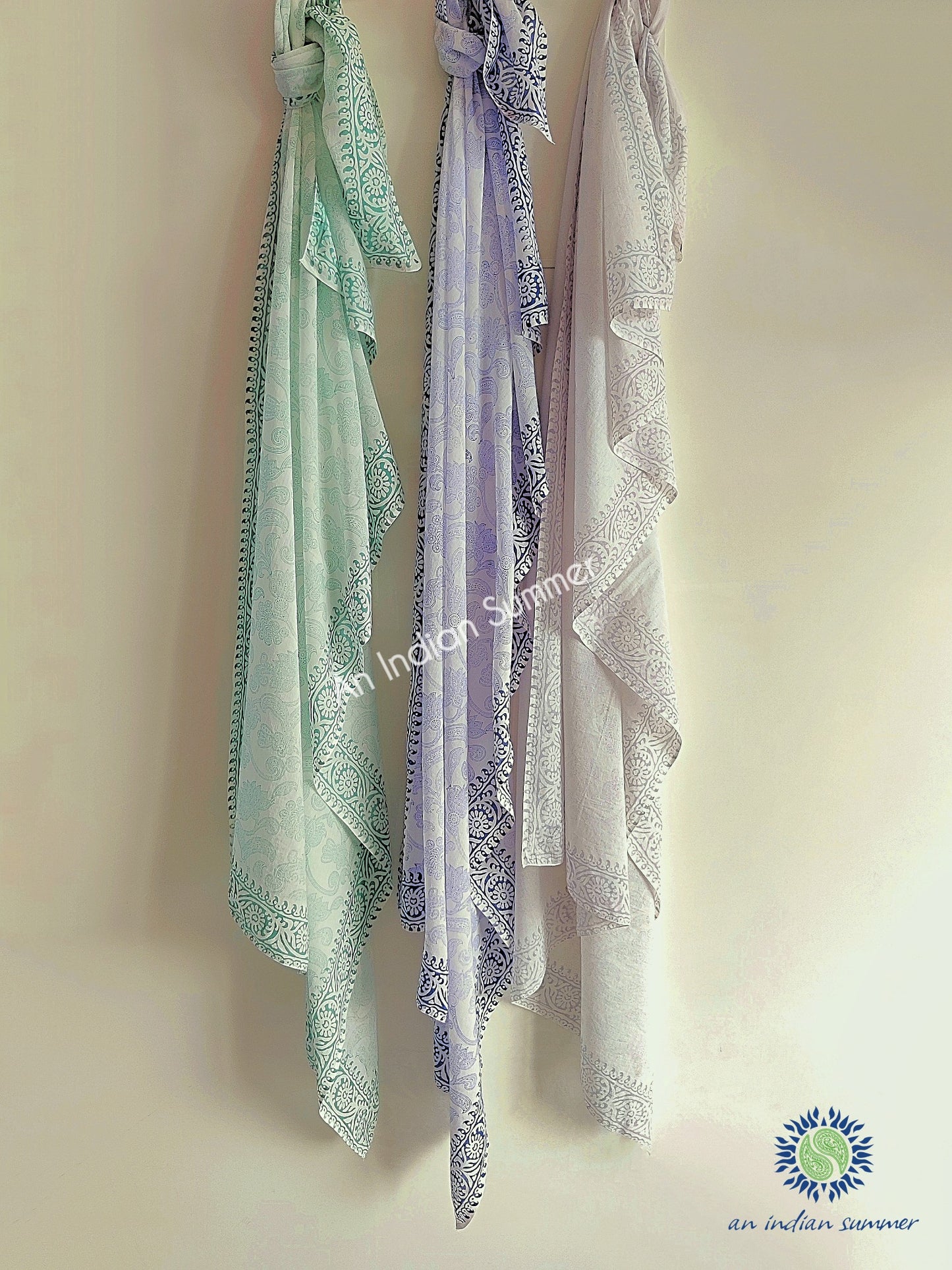 Paisley Sarongs Pareos | Green Blue Grey | Hand Block Printed | Hand Block Printed | Cotton Voile | An Indian Summer | Seasonless Timeless Sustainable Ethical Authentic Artisan Conscious Clothing Lifestyle Brand