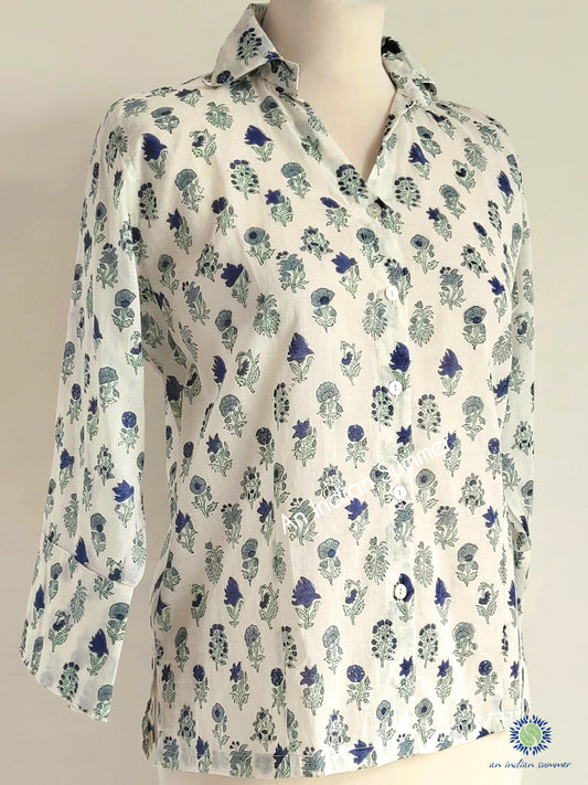 Pippa Shirt Navy | Mughal Floral Block Print | Hand Block Printed | Cotton Voile | An Indian Summer | Seasonless Timeless Sustainable Ethical Authentic Artisan Conscious Clothing Lifestyle Brand