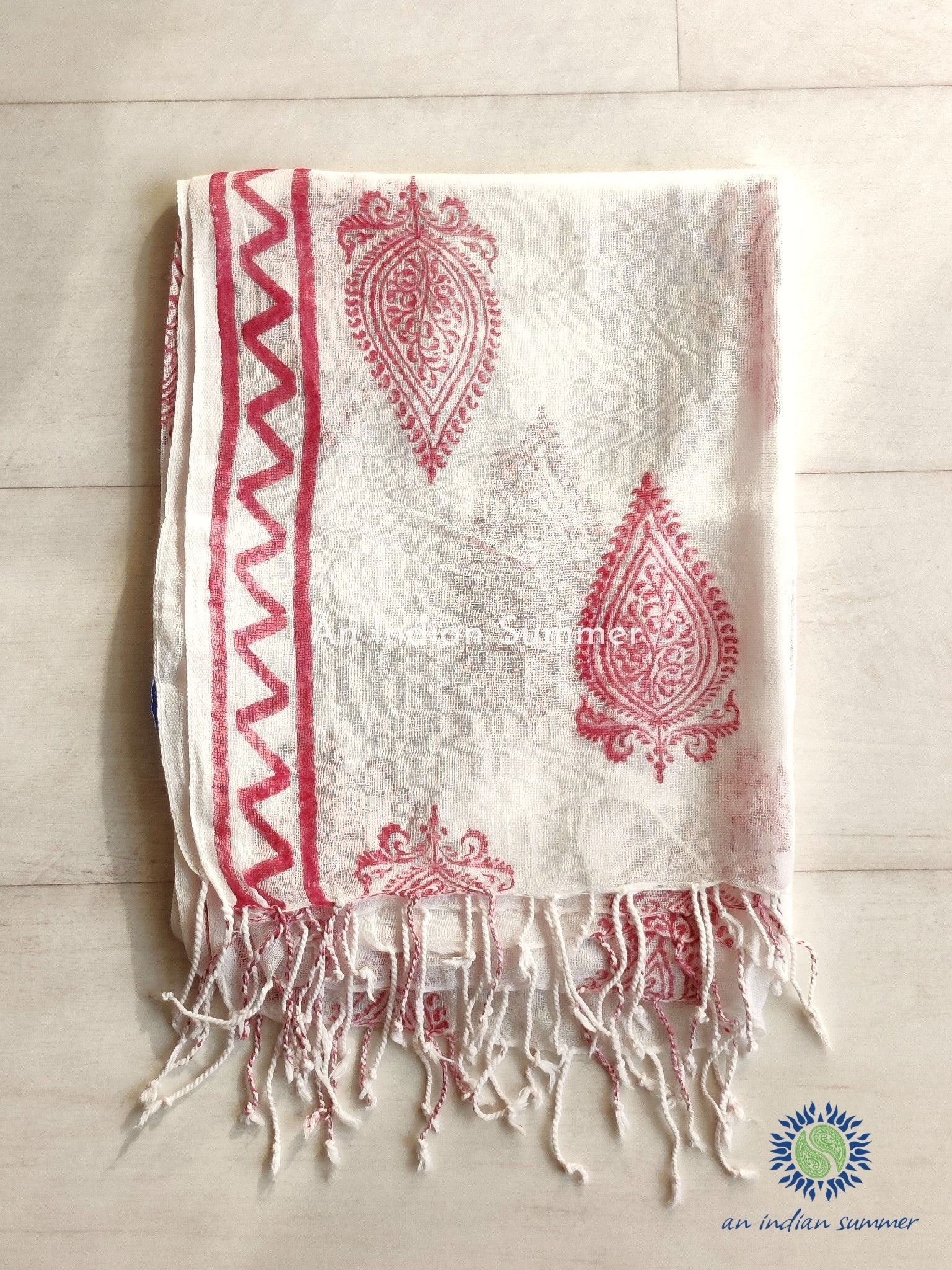 An Indian Summer Red Leaf Handloom Woven Hand Block Printed Cotton Gauze Scarf