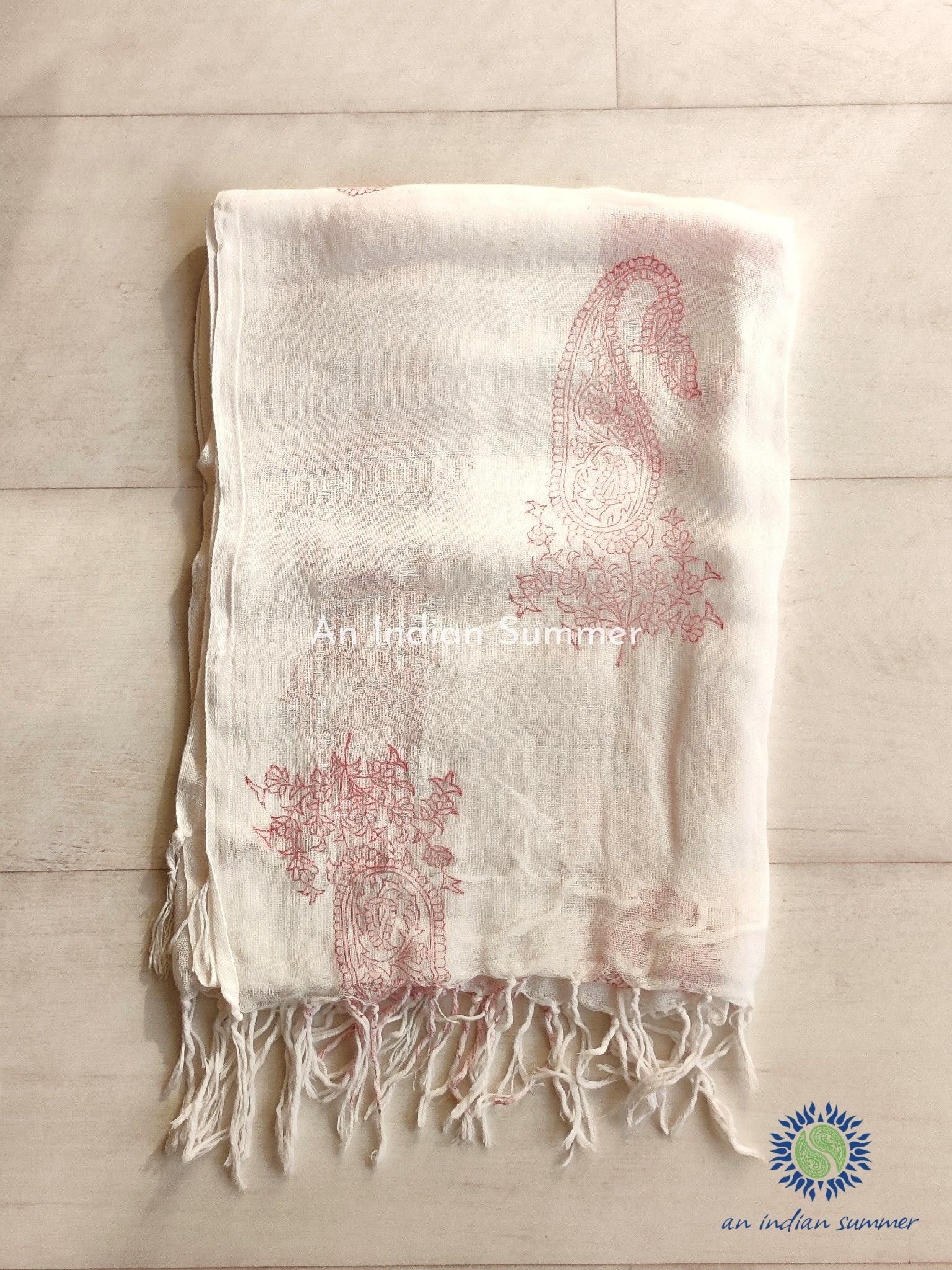 An Indian Summer Red Paisley Handloom Woven Hand Block Printed Cotton Gauze Scarf
