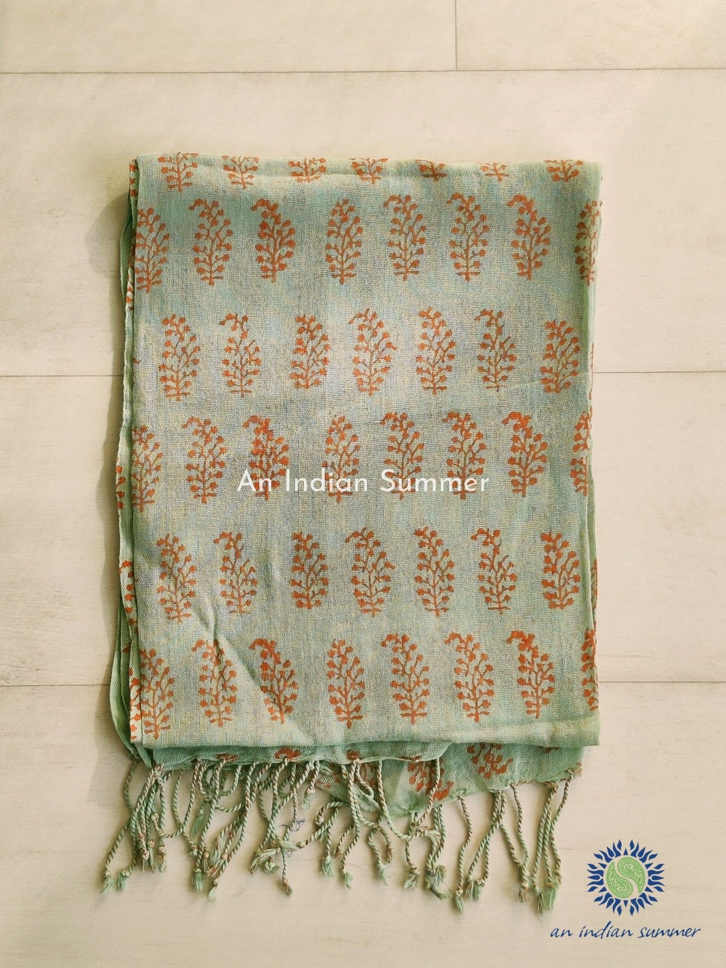 An Indian Summer Sage Green Handloom Woven Hand Block Printed Cotton Gauze Scarf