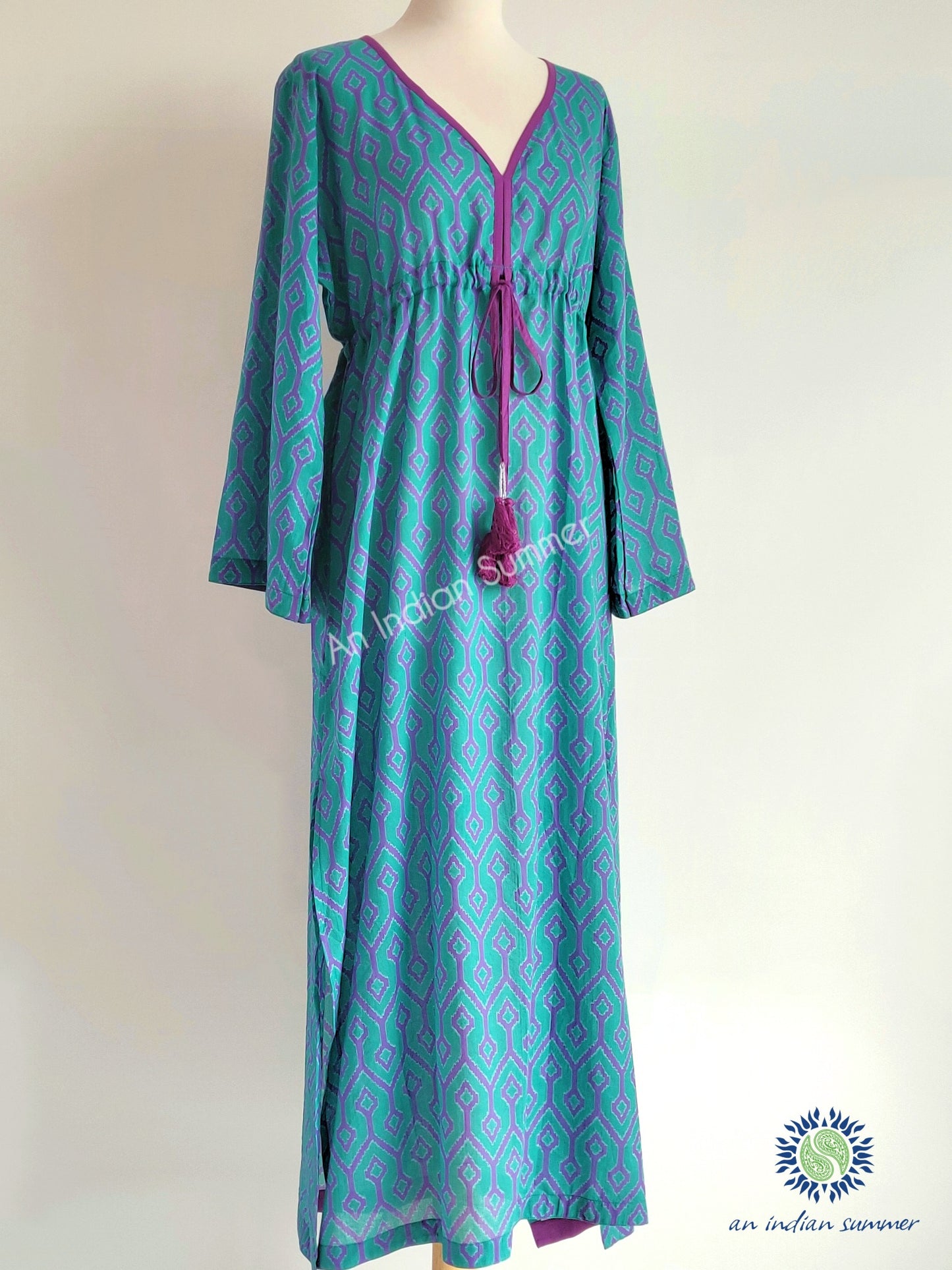 Santorini Maxi Dress | Teal with Purple Contrast Detail | Hand Block Printed | Cotton Voile | An Indian Summer | Seasonless Timeless Sustainable Ethical Authentic Artisan Conscious Clothing Lifestyle Brand