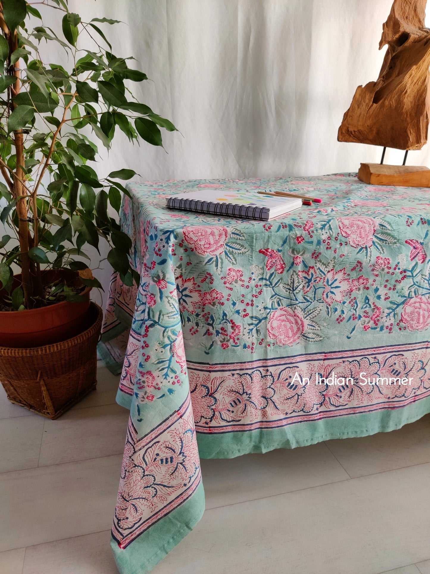 Aqua & Pink | Roses | Tablecloth | Hand Block Printed | Cotton | An Indian Summer | Seasonless Timeless Sustainable Ethical Authentic Artisan Conscious Clothing Lifestyle Brand