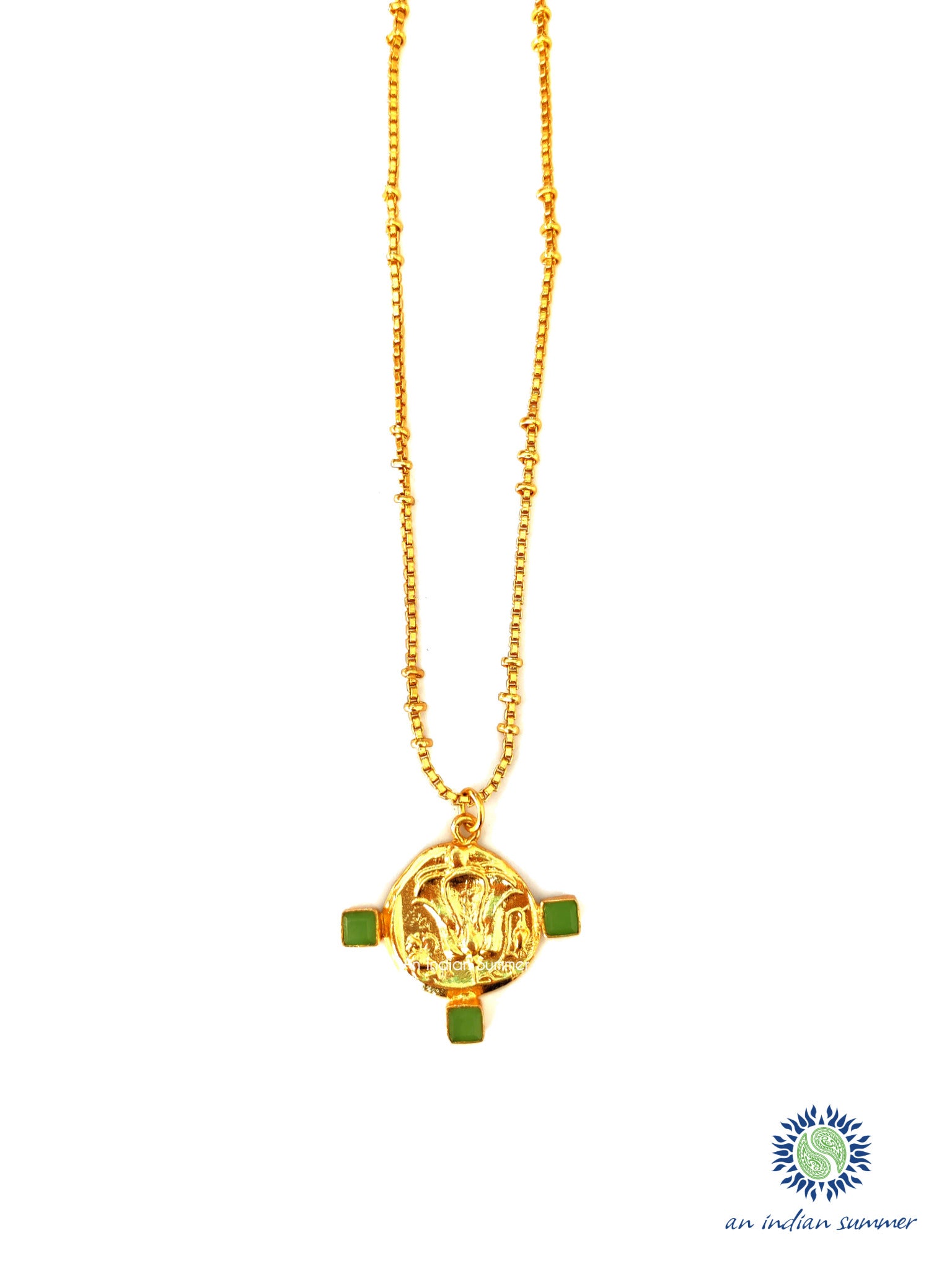 Talisman Medal Necklace - Lotus | Green Jade | 22 Carat Gold Plated Semi Precious Stones | An Indian Summer | Seasonless Timeless Sustainable Ethical Authentic Artisan Conscious Clothing Lifestyle Brand