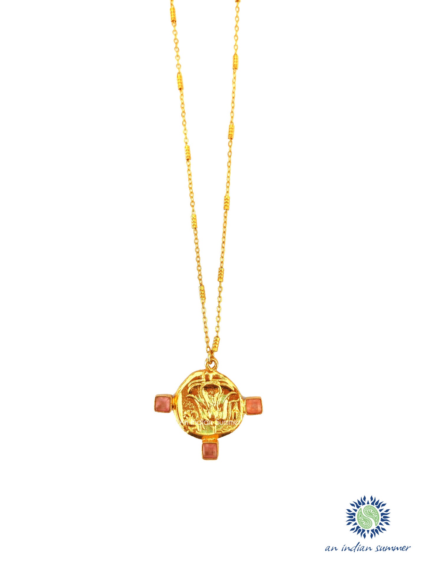 Talisman Medal Necklace - Lotus | Pink Jade | 22 Carat Gold Plated Semi Precious Stones | An Indian Summer | Seasonless Timeless Sustainable Ethical Authentic Artisan Conscious Clothing Lifestyle Brand