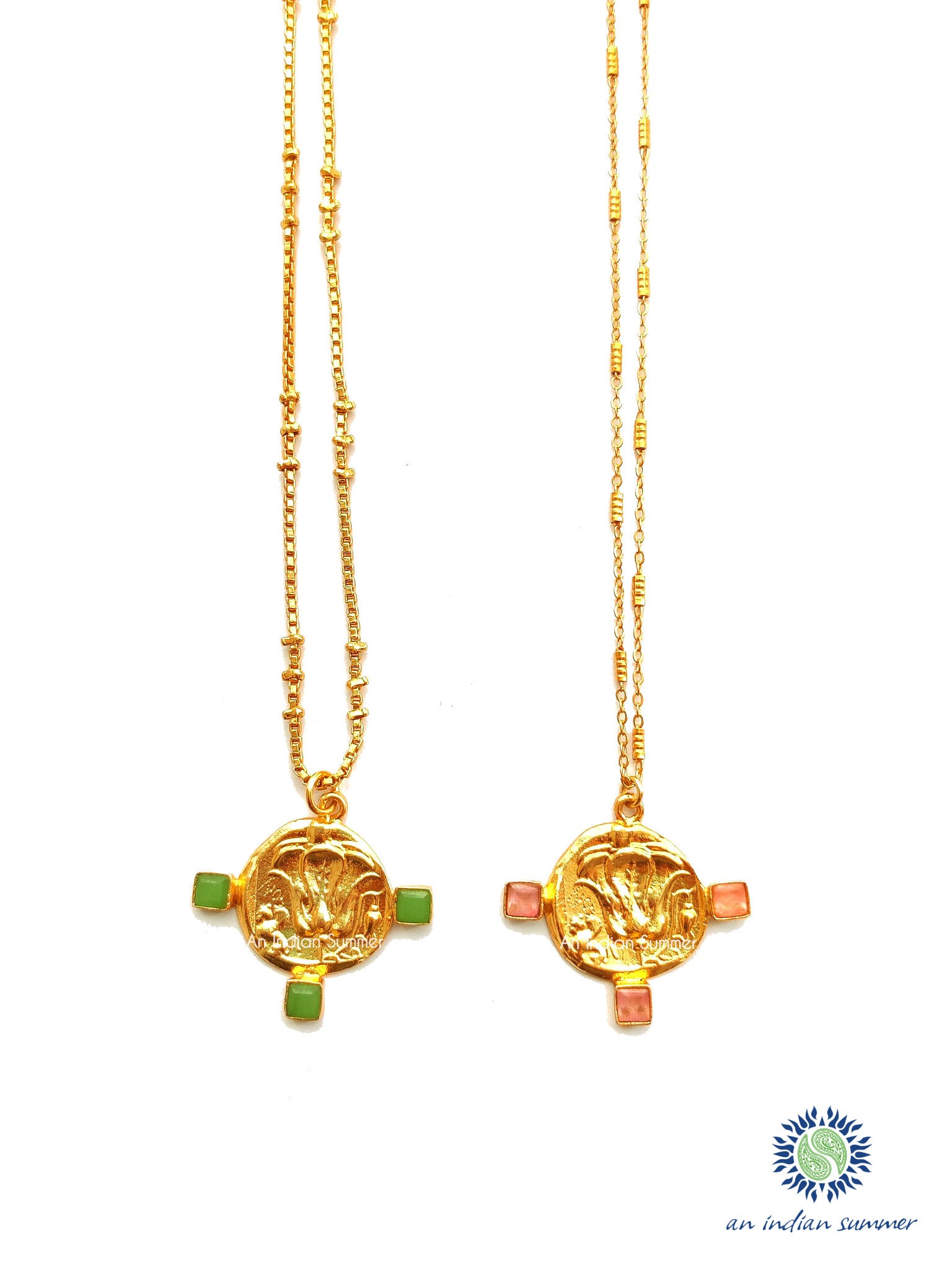 Talisman Medal Necklace - Lotus | Green Jade Pink Jade | 22 Carat Gold Plated Semi Precious Stones | An Indian Summer | Seasonless Timeless Sustainable Ethical Authentic Artisan Conscious Clothing Lifestyle Brand