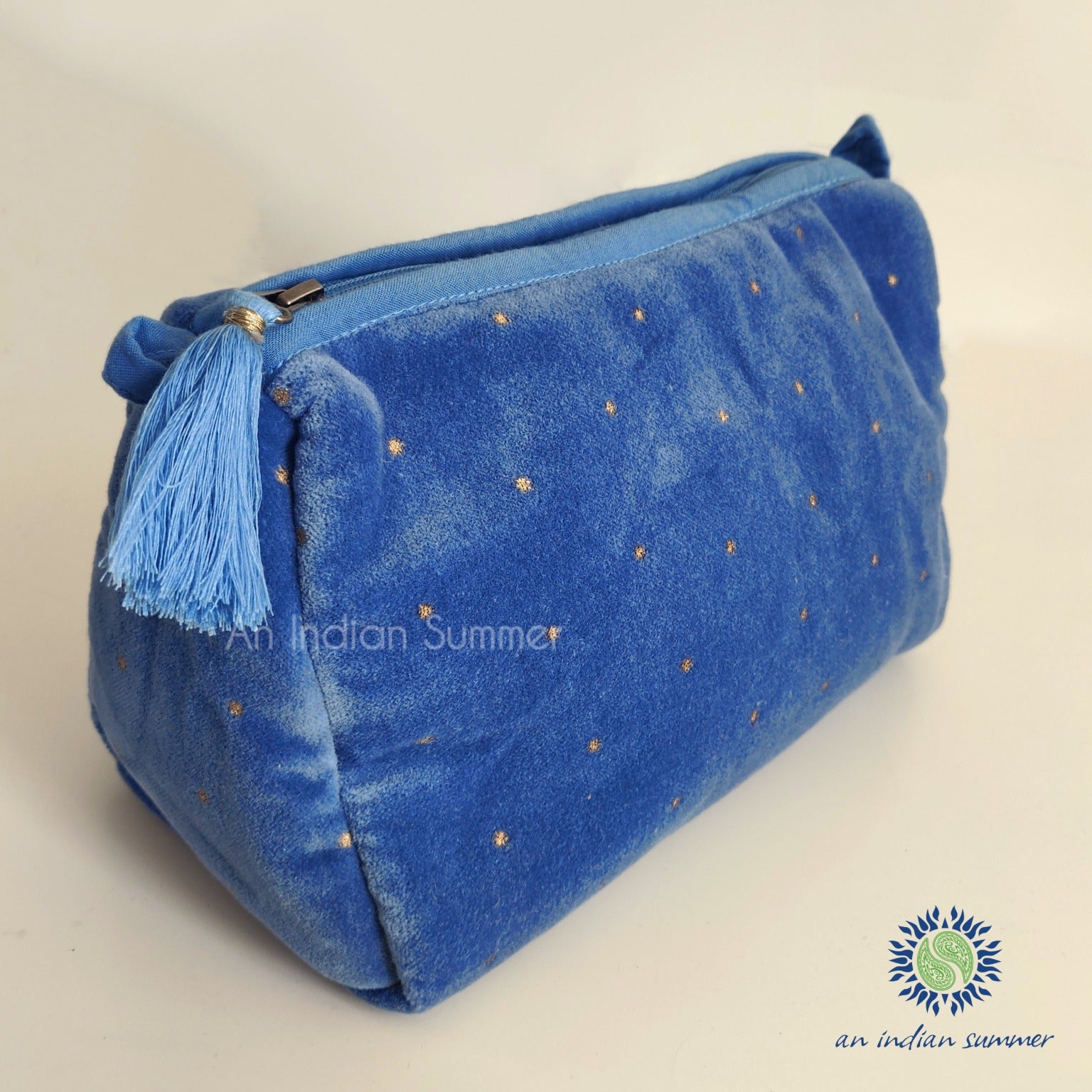 Velvet Beauty Pouch | Powder Blue with Gold Stars | Cotton Velvet | An Indian Summer | Seasonless Timeless Sustainable Ethical Authentic Artisan Conscious Clothing Lifestyle Brand
