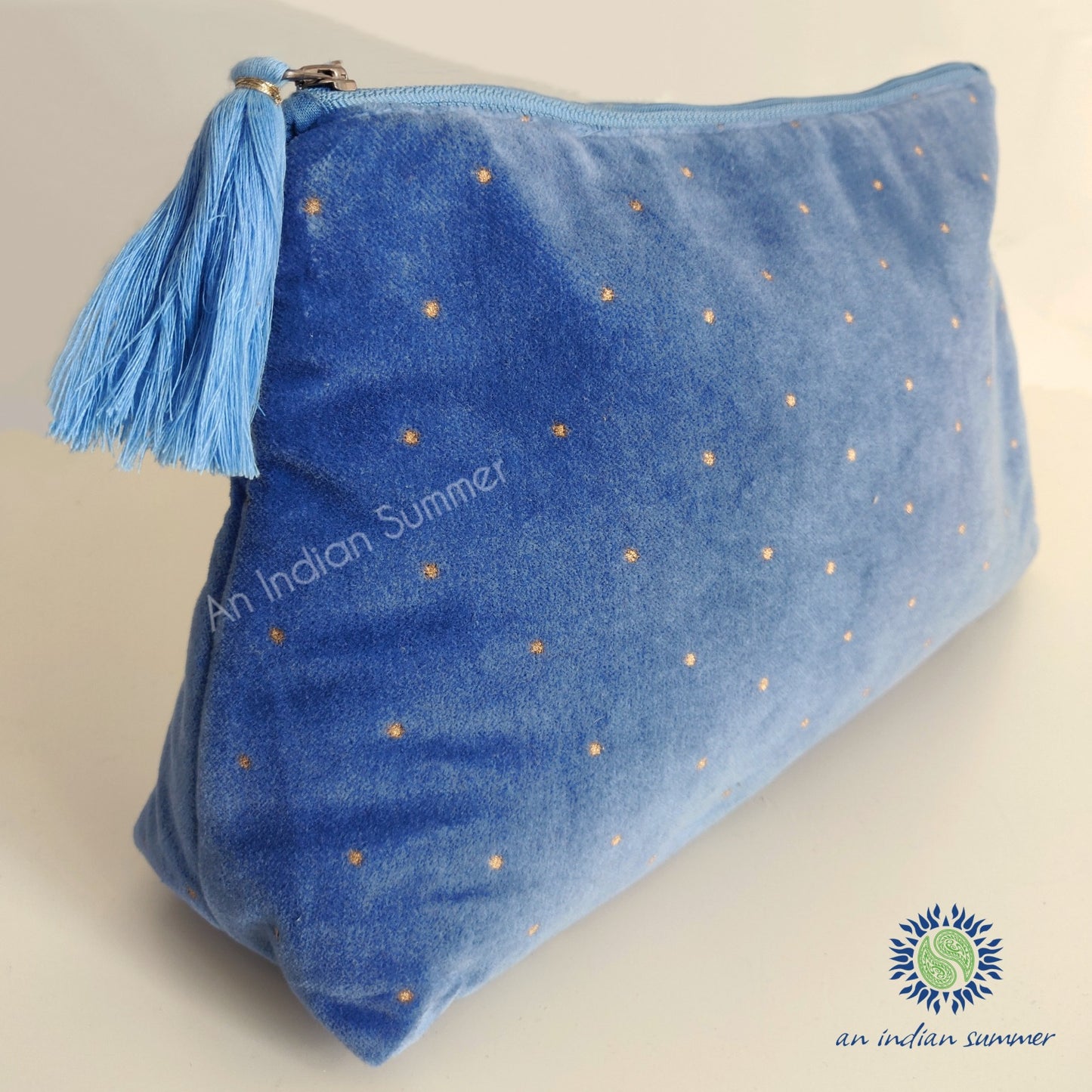 Velvet Travel Pouch | Powder Blue with Gold Stars | Cotton Velvet | An Indian Summer | Seasonless Timeless Sustainable Ethical Authentic Artisan Conscious Clothing Lifestyle Brand
