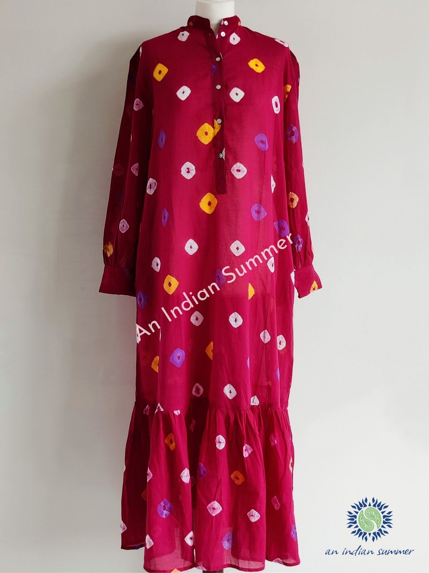 Aditi Bandhani Dress Garnet Red | Hand Tie Dyed | An Indian Summer | Seasonless Timeless Sustainable Ethical Authentic Artisan Conscious Clothing Lifestyle Brand