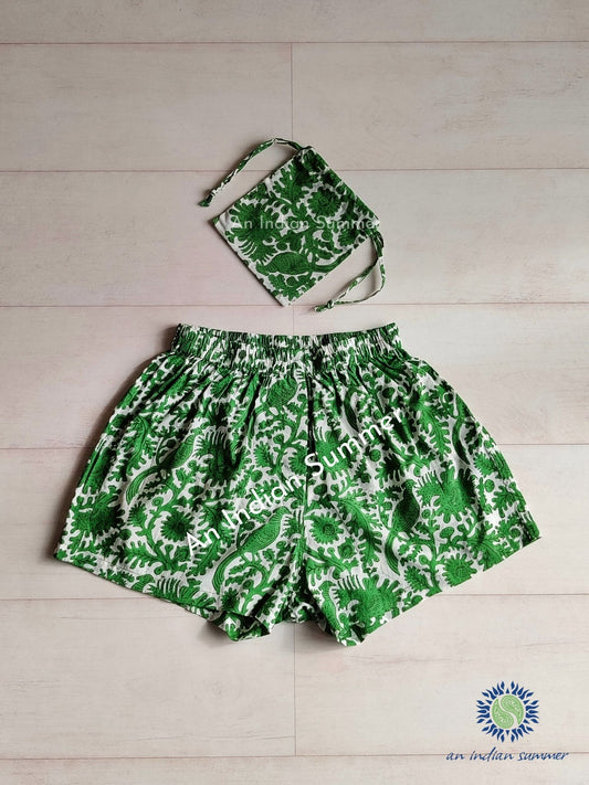 Boxer Shorts | Birdsong | Green | Unisex | Wood Block Print | Hand Block Printed | Cotton | An Indian Summer | Seasonless Timeless Sustainable Ethical Authentic Artisan Conscious Clothing Lifestyle Brand