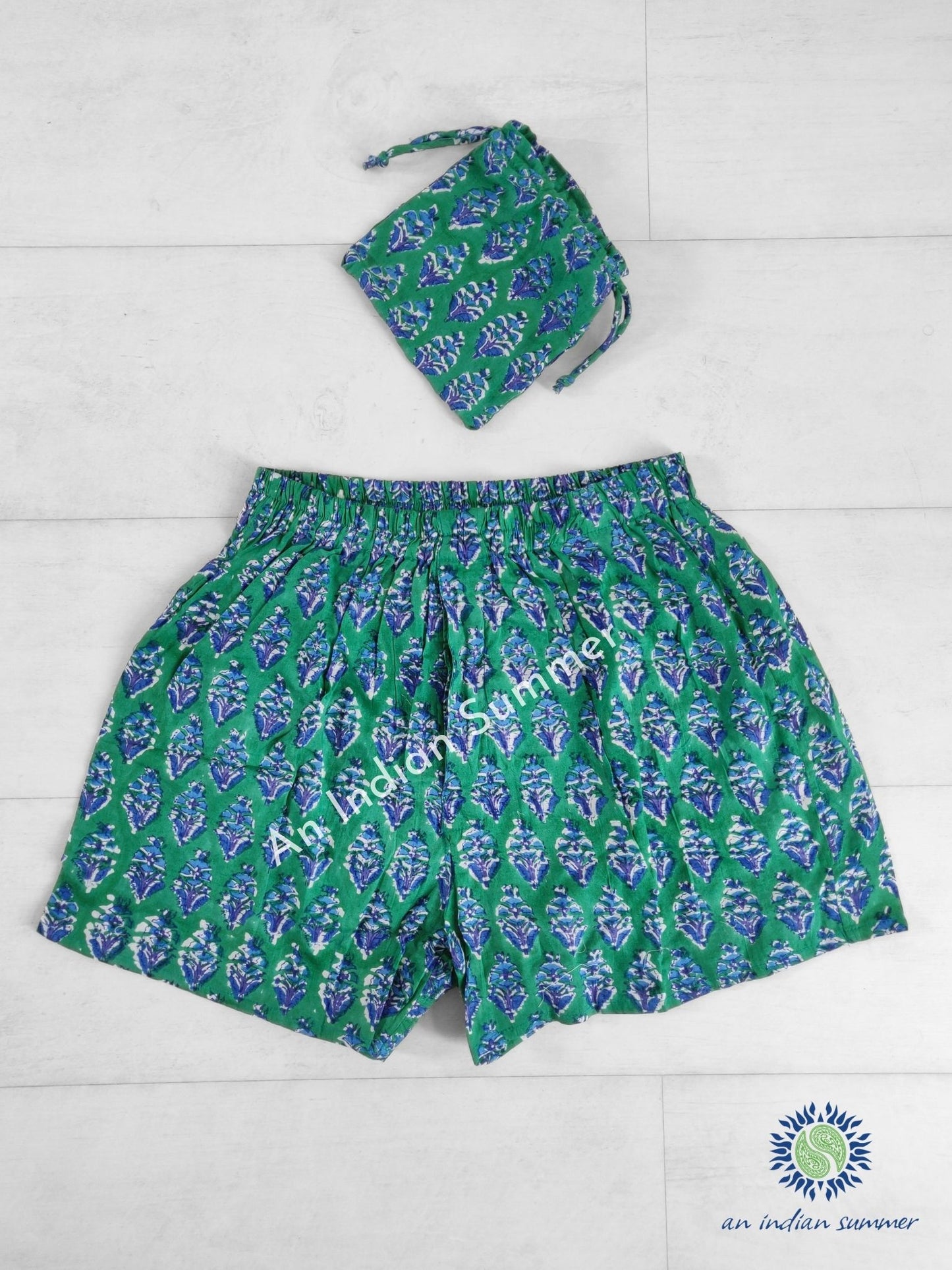 Boxer Shorts | Jasmine | Green & Blue | Unisex | Wood Block Print | Hand Block Printed | Cotton | An Indian Summer | Seasonless Timeless Sustainable Ethical Authentic Artisan Conscious Clothing Lifestyle Brand