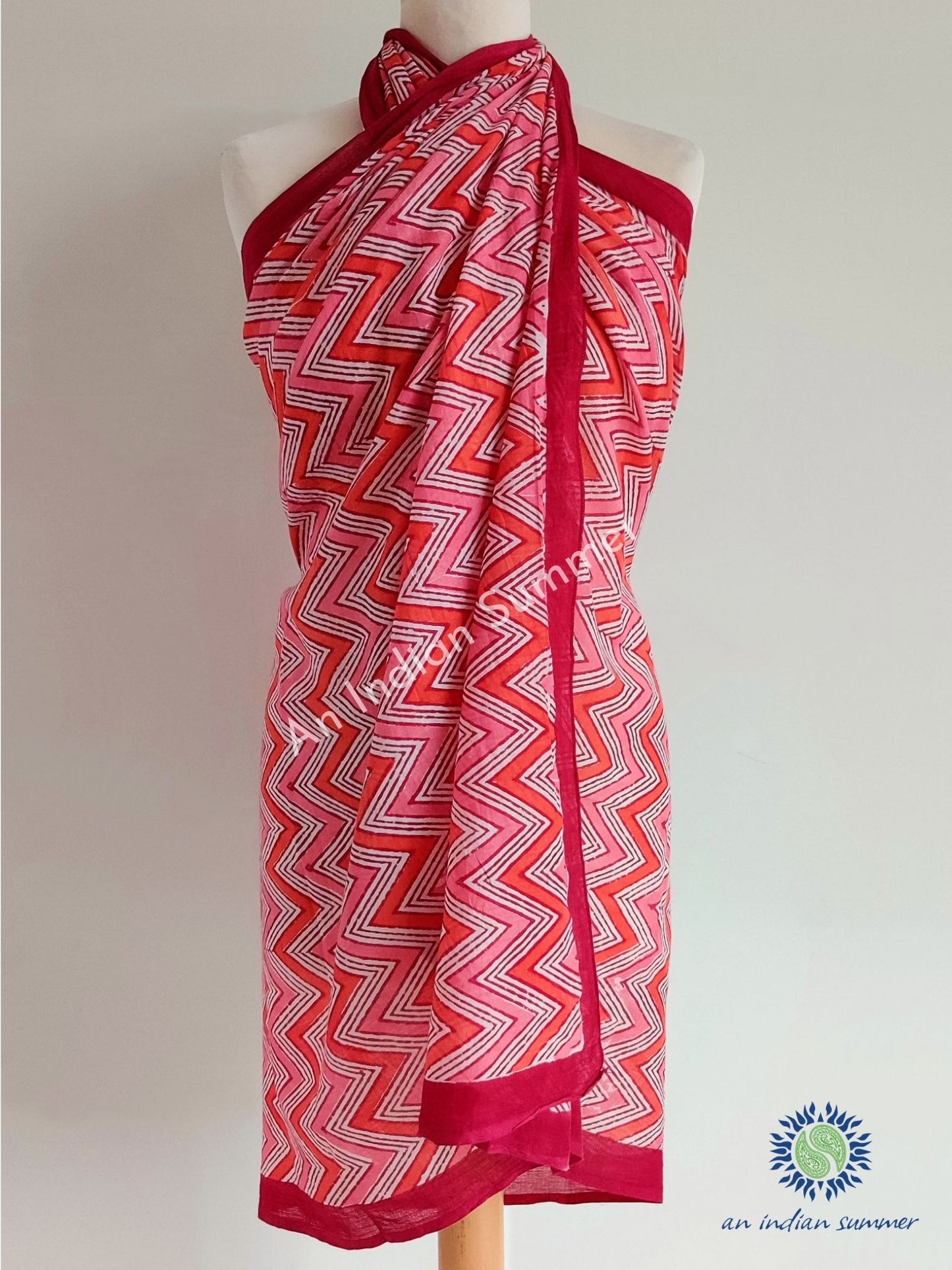 Chevron Sarong Pareo | Pink & Orange | Geometric Print | Hand Block Printed | Soft Cotton Voile | An Indian Summer | Seasonless Timeless Sustainable Ethical Authentic Artisan Conscious Clothing Lifestyle Brand