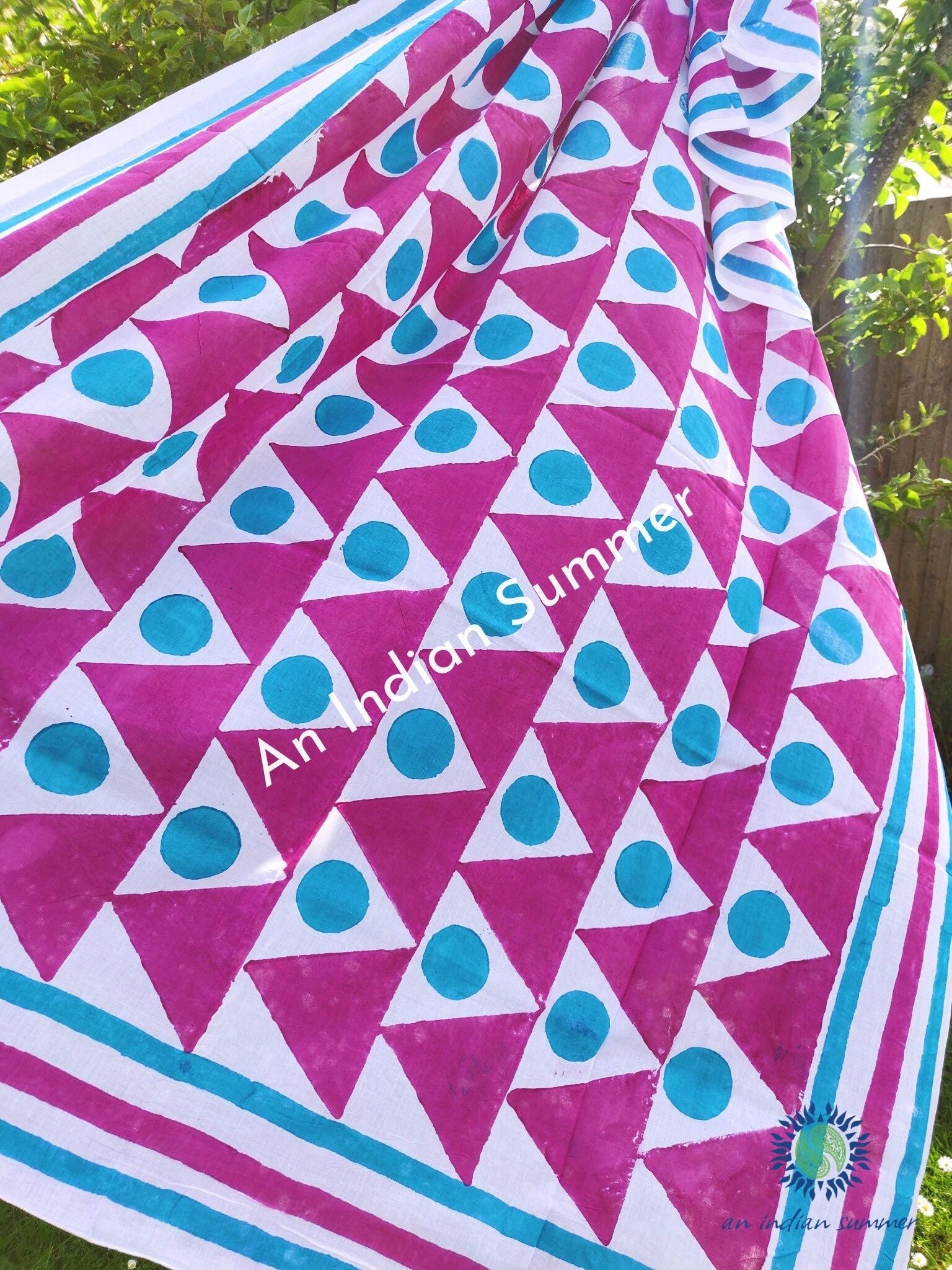 Virtue is Bold Sarong Pareo | Magenta & Teal Geometric Print | Hand Block Printed | Soft Cotton Voile | An Indian Summer | Resortwear Swimwear Beachwear | Seasonless Timeless Sustainable Ethical Authentic Artisan Conscious Clothing Lifestyle Brand