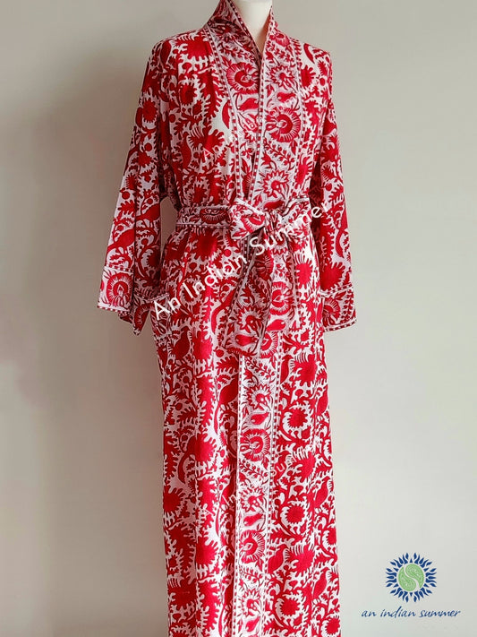 Long Kimono Robe | Birdsong | Red | Wood Block Print | Hand Block Printed | Cotton | An Indian Summer | Seasonless Timeless Sustainable Ethical Authentic Artisan Conscious Clothing Lifestyle Brand