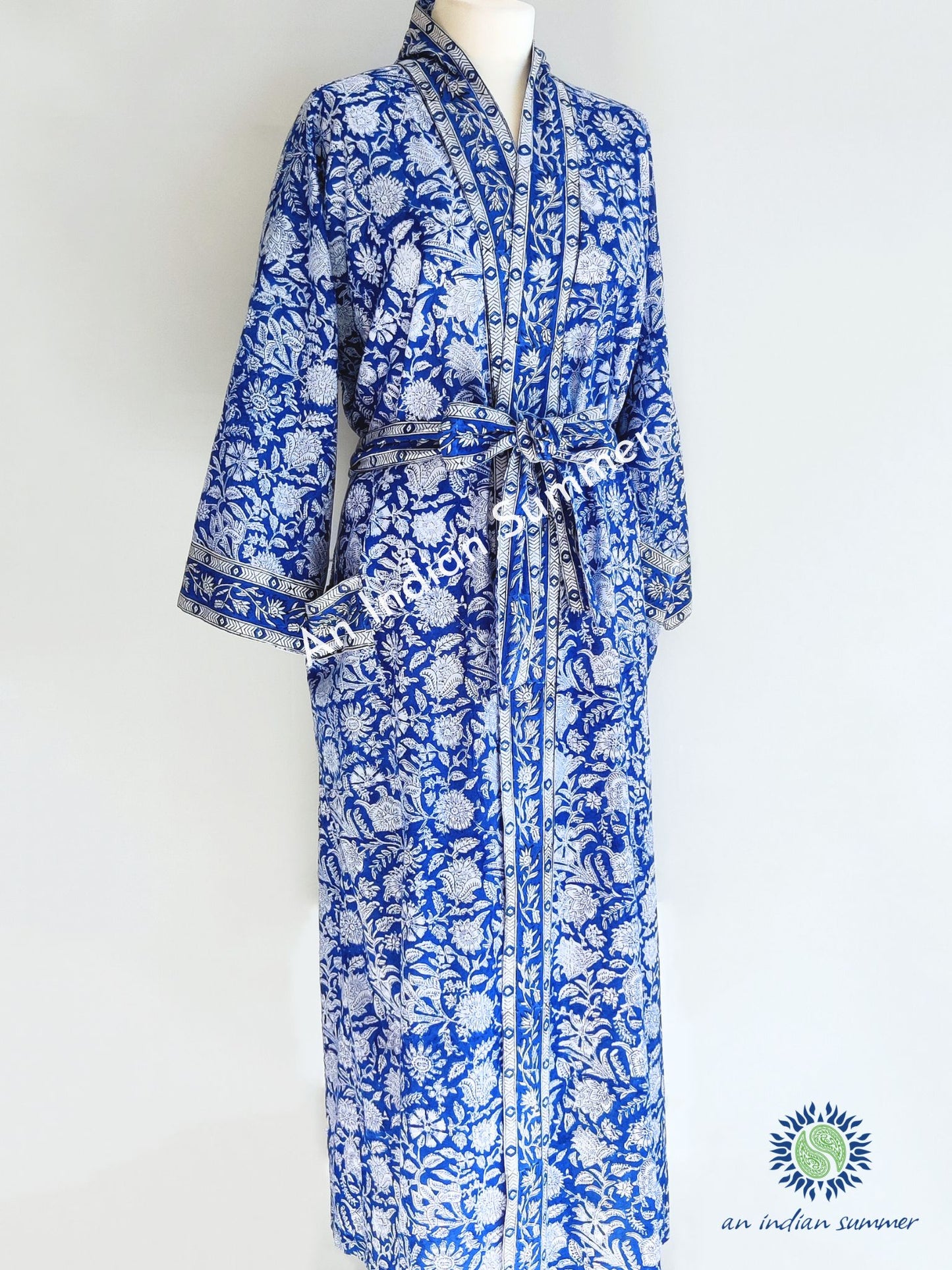 Long Kimono Robe | Meadow | Shades of Blue | Floral Block Print | Hand Block Printed | Cotton Voile | An Indian Summer | Seasonless Timeless Sustainable Ethical Authentic Artisan Conscious Clothing Lifestyle Brand