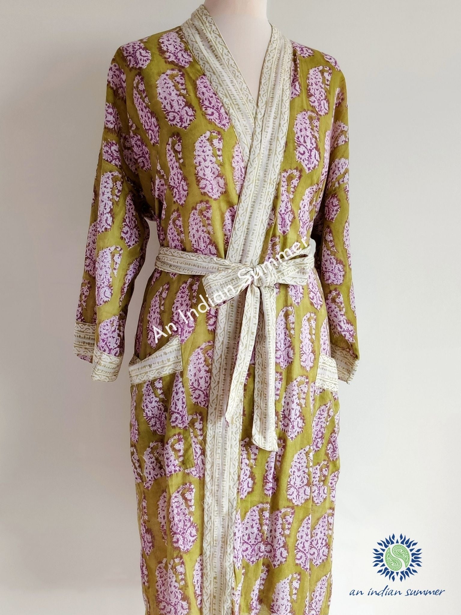 Long Kimono Robe - Paisley Block Print - Lime & Purple – An Indian Summer