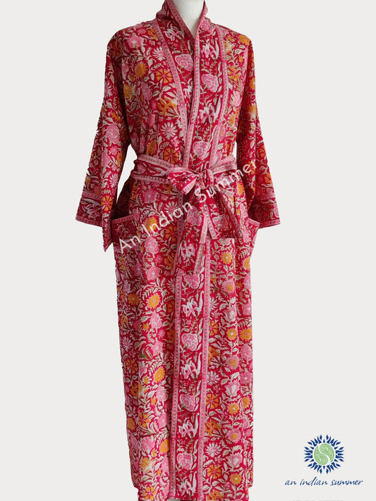 Long Kimono Robe - Floral Block Print - Spice - Available in 2 Colourways
