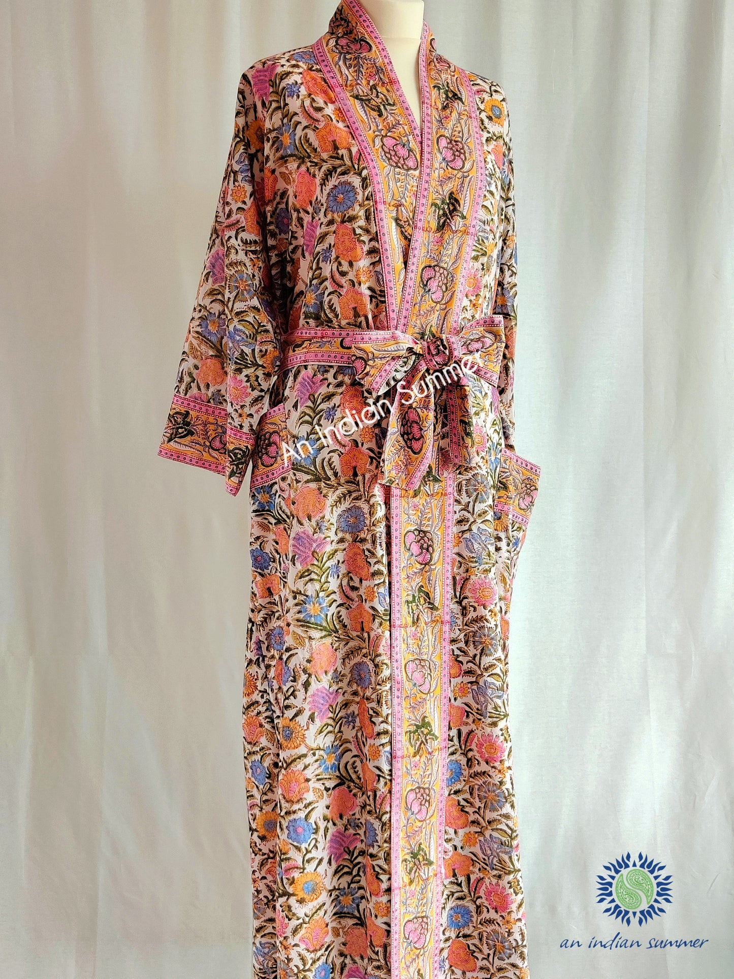 Long Kimono Robe Floral Block Print Spice White Hand Block Printed Lightweight Soft Cotton Voile | An Indian Summer | Timeless Sustainable Ethical Authentic Artisan Clothing Lifestyle Brand