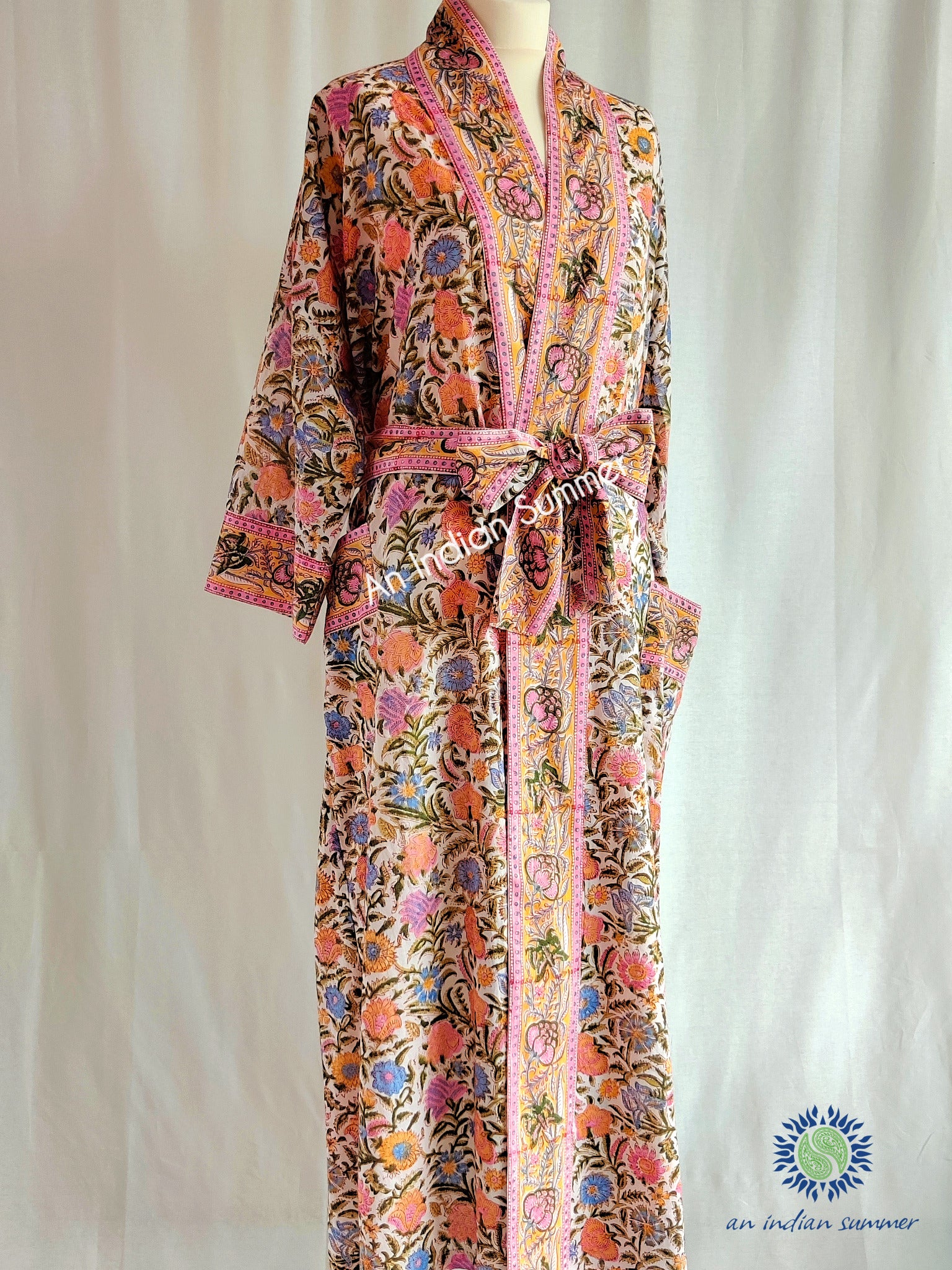 Long Kimono Robe Floral Block Print Spice White Hand Block Printed Lightweight Soft Cotton Voile | An Indian Summer | Timeless Sustainable Ethical Authentic Artisan Clothing Lifestyle Brand